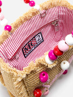 Borsa Vanity mini in tessuto effetto paglia con manico con perline