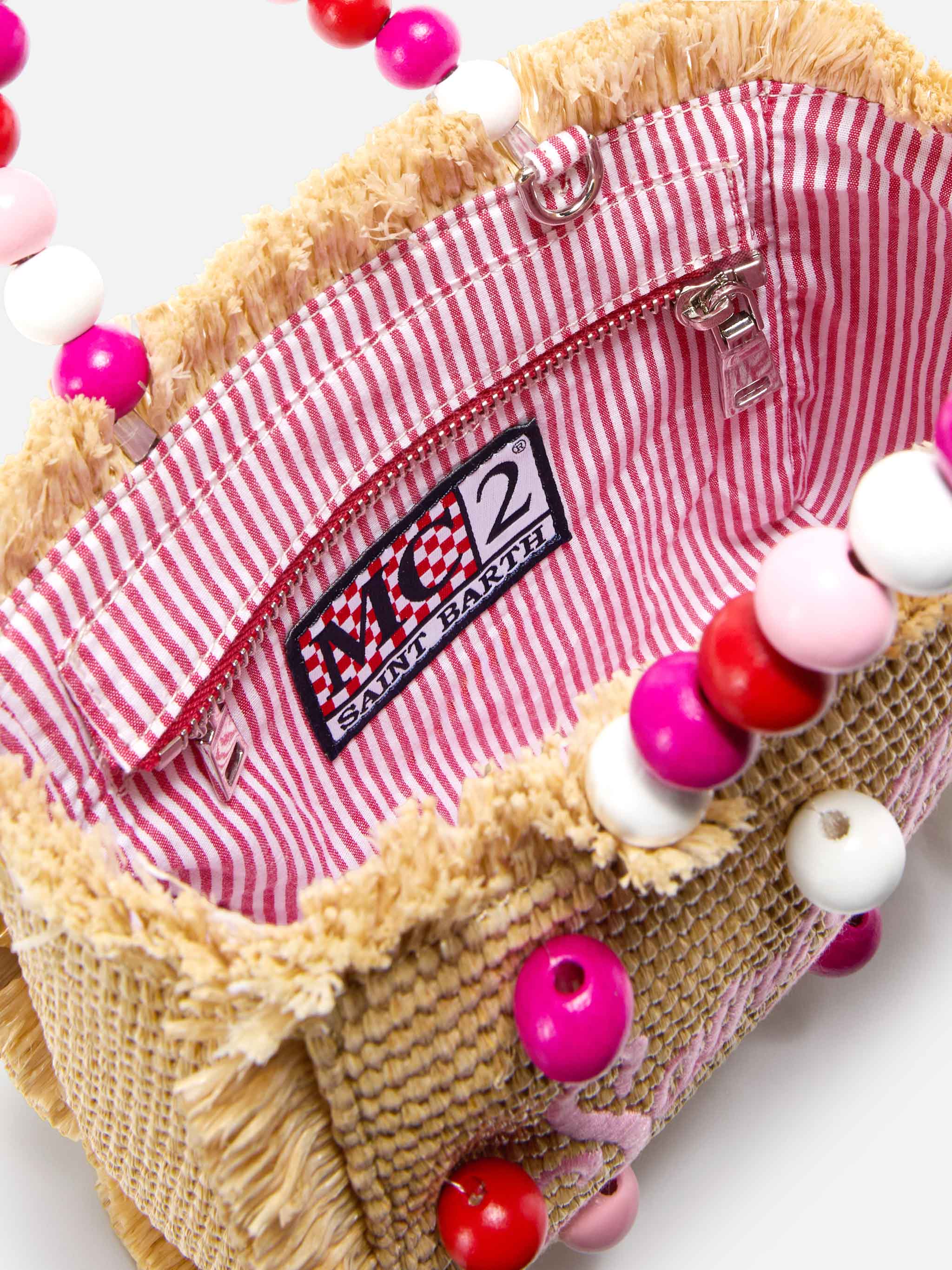 Borsa Vanity mini in tessuto effetto paglia con manico con perline