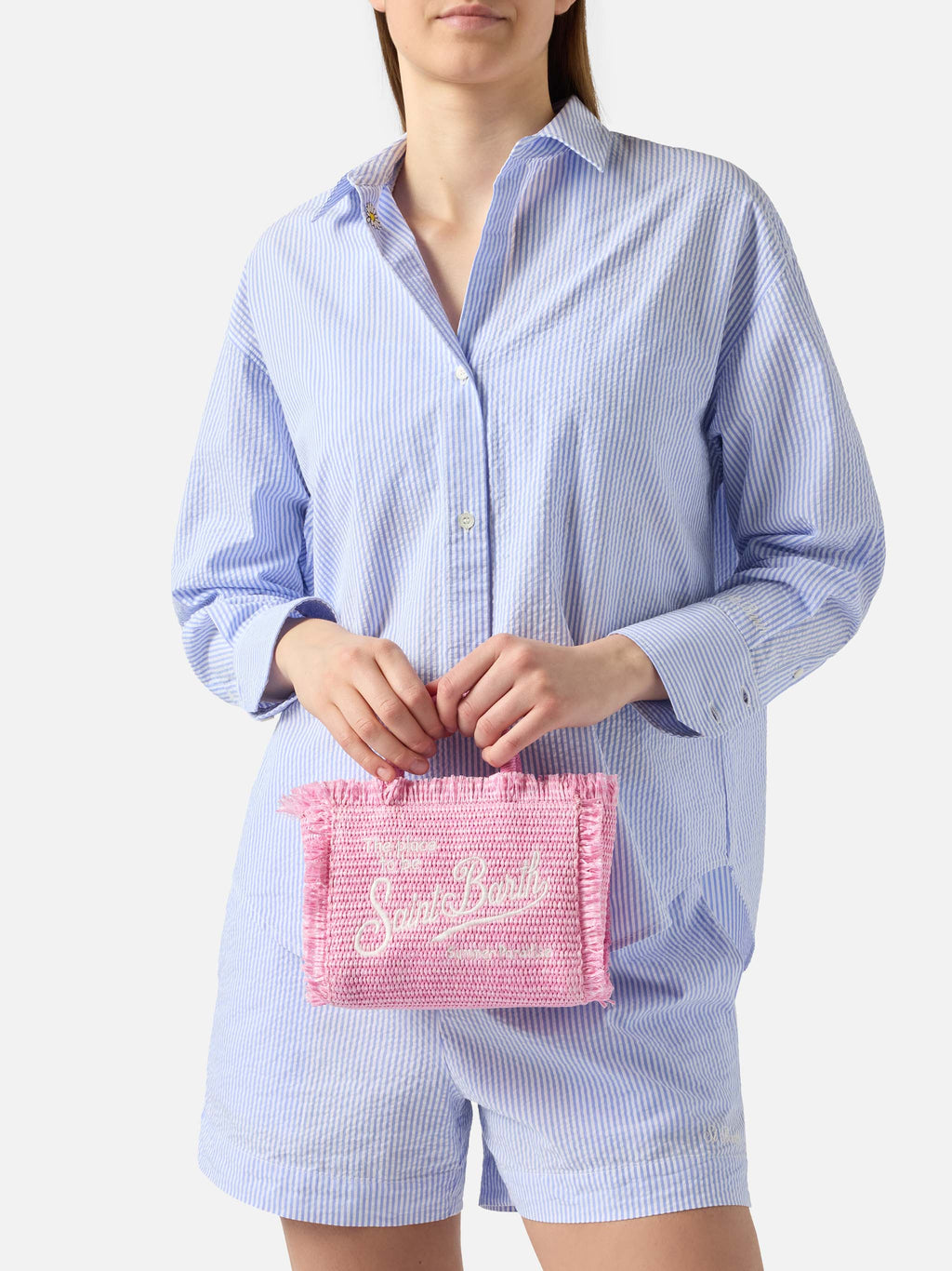 Borsa Mini Vanity rosa effetto paglia