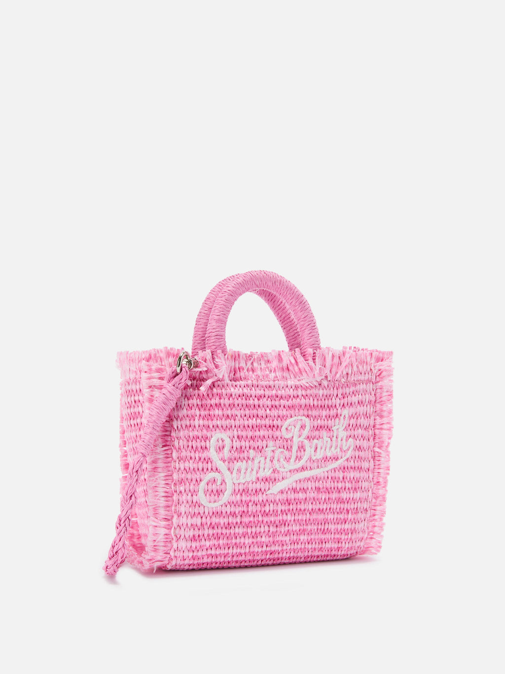 Borsa Vanity micro effetto paglia con dettagli rosa