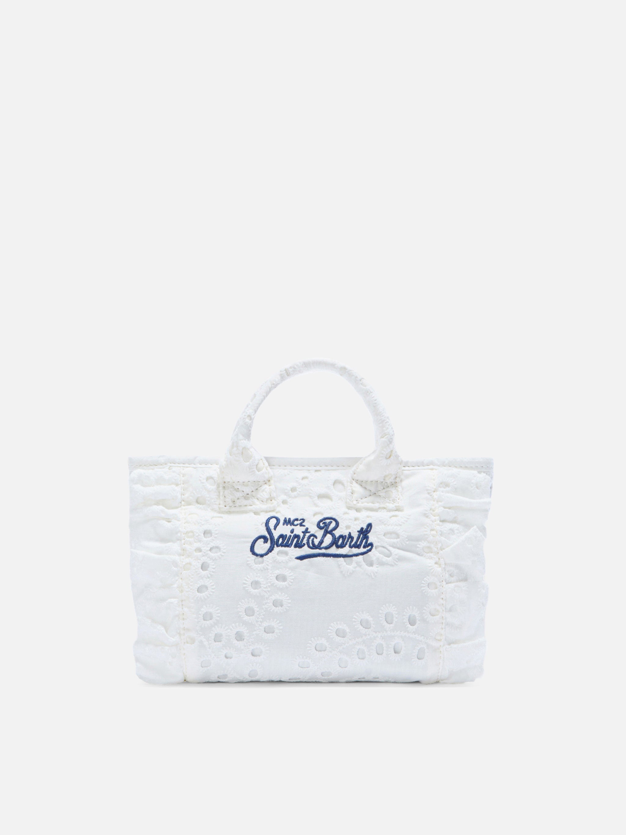 Borsa Vanity mini volant in cotone sangallo bianca