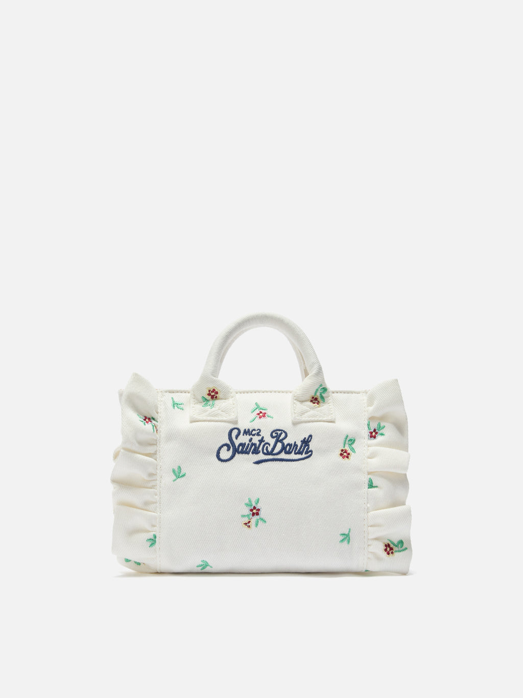 Borsa Vanity mini volant in denim bianca con fiori ricamati