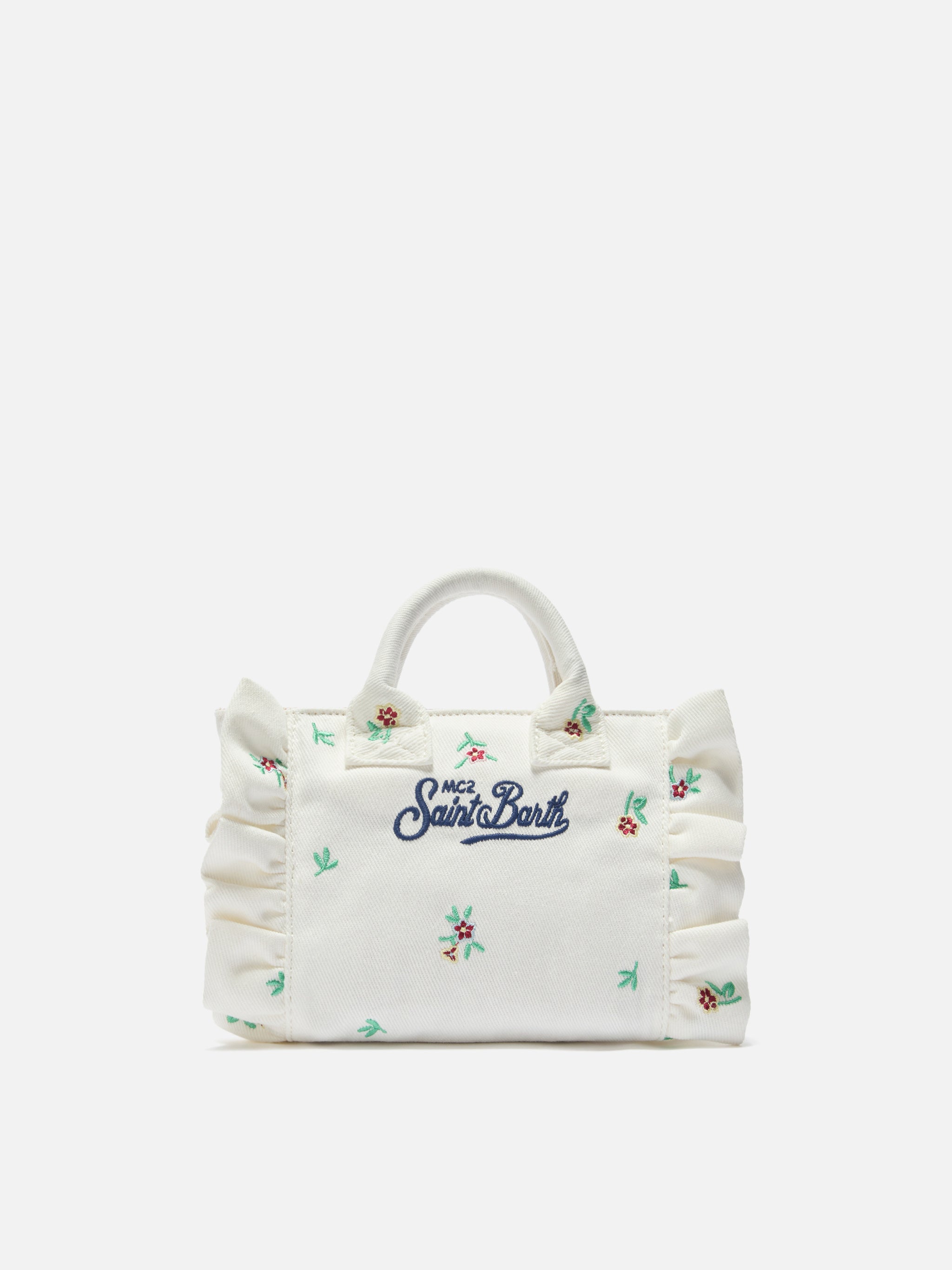 Borsa Vanity mini volant in denim bianca con fiori ricamati