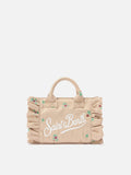 Borsa Vanity mini volant in denim beige con fiori ricamati