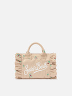 Borsa Vanity mini volant in denim beige con fiori ricamati