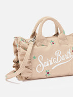 Borsa Vanity mini volant in denim beige con fiori ricamati