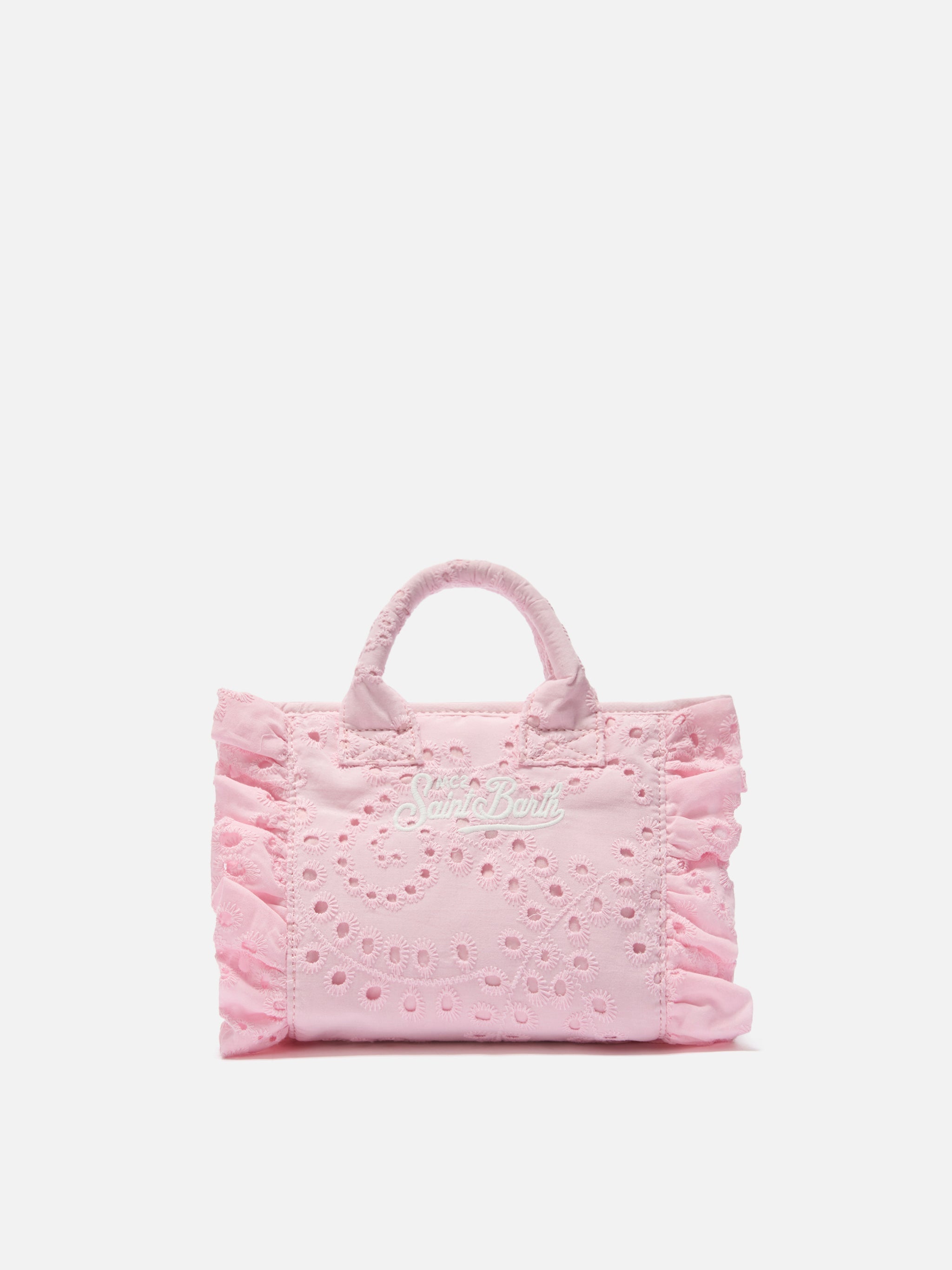 Borsa Vanity mini volant in cotone sangallo rosa