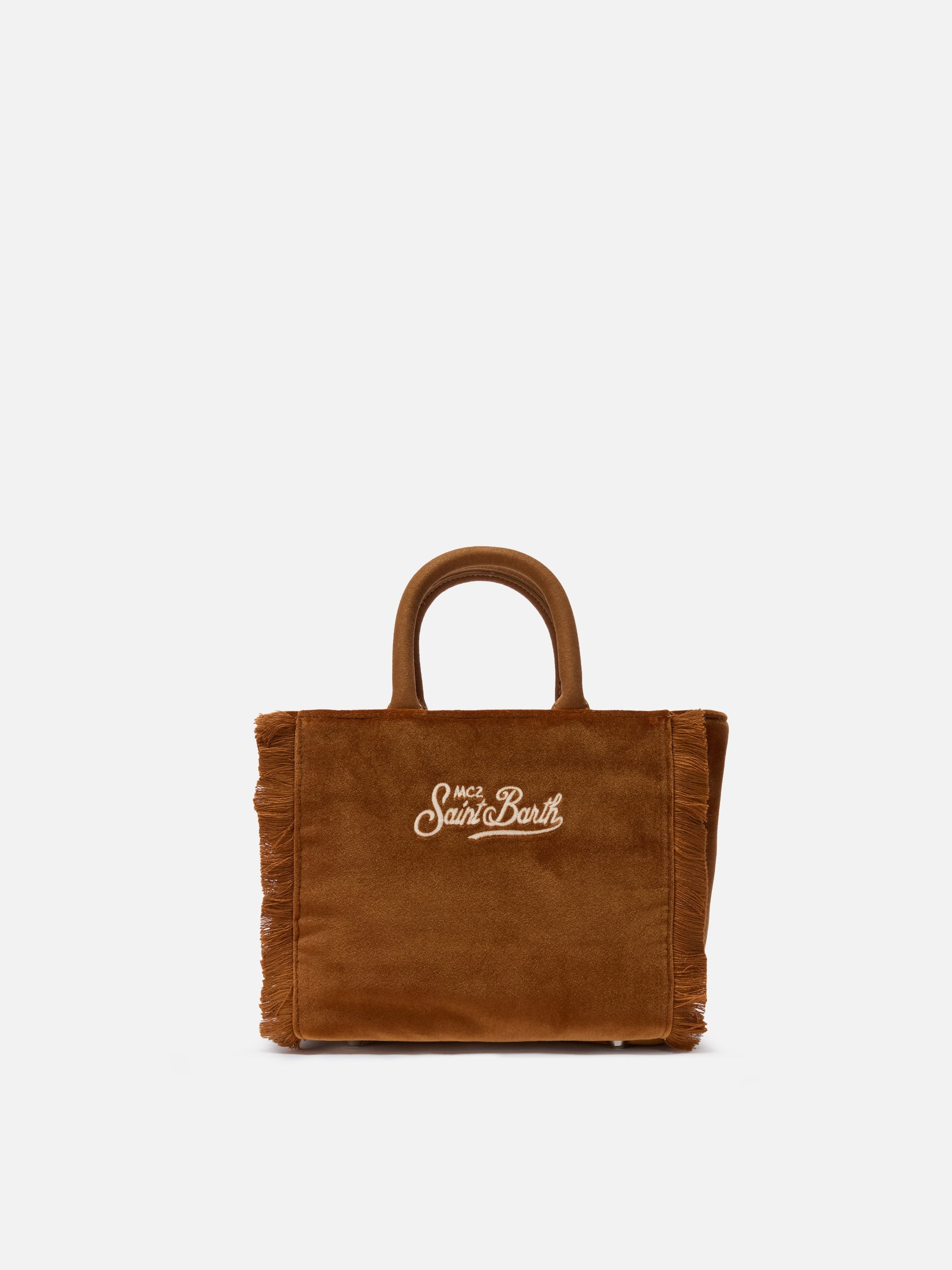 Borsa a mano Vanity Mini Velvet in velluto e faux suede marrone