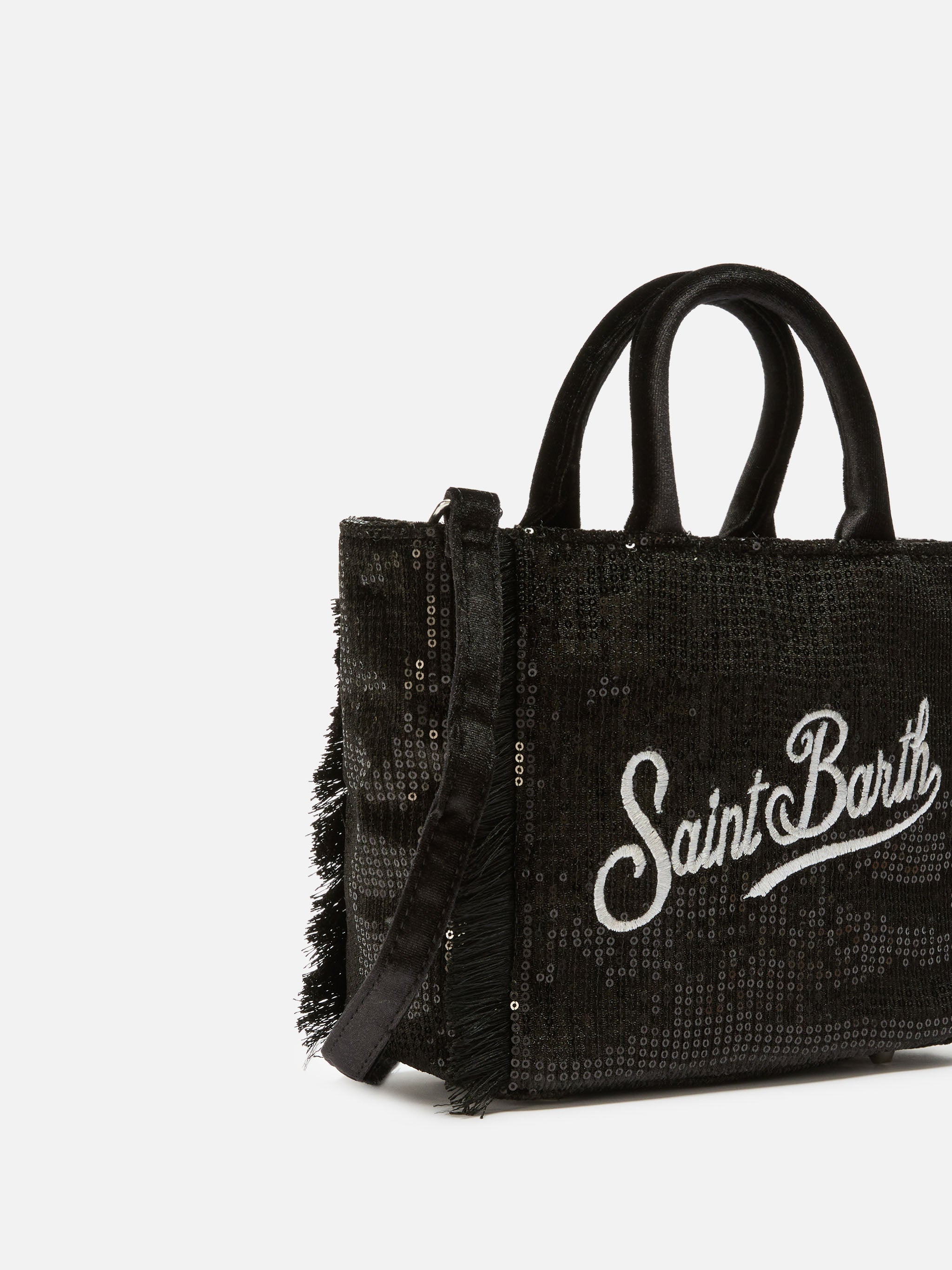 Borsa a mano Vanity Mini Velvet in velluto e paillettes nero