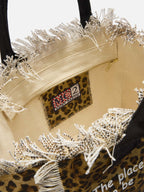 Borsa Vanity regular in canvas leopardato con dettagli sfrangiati