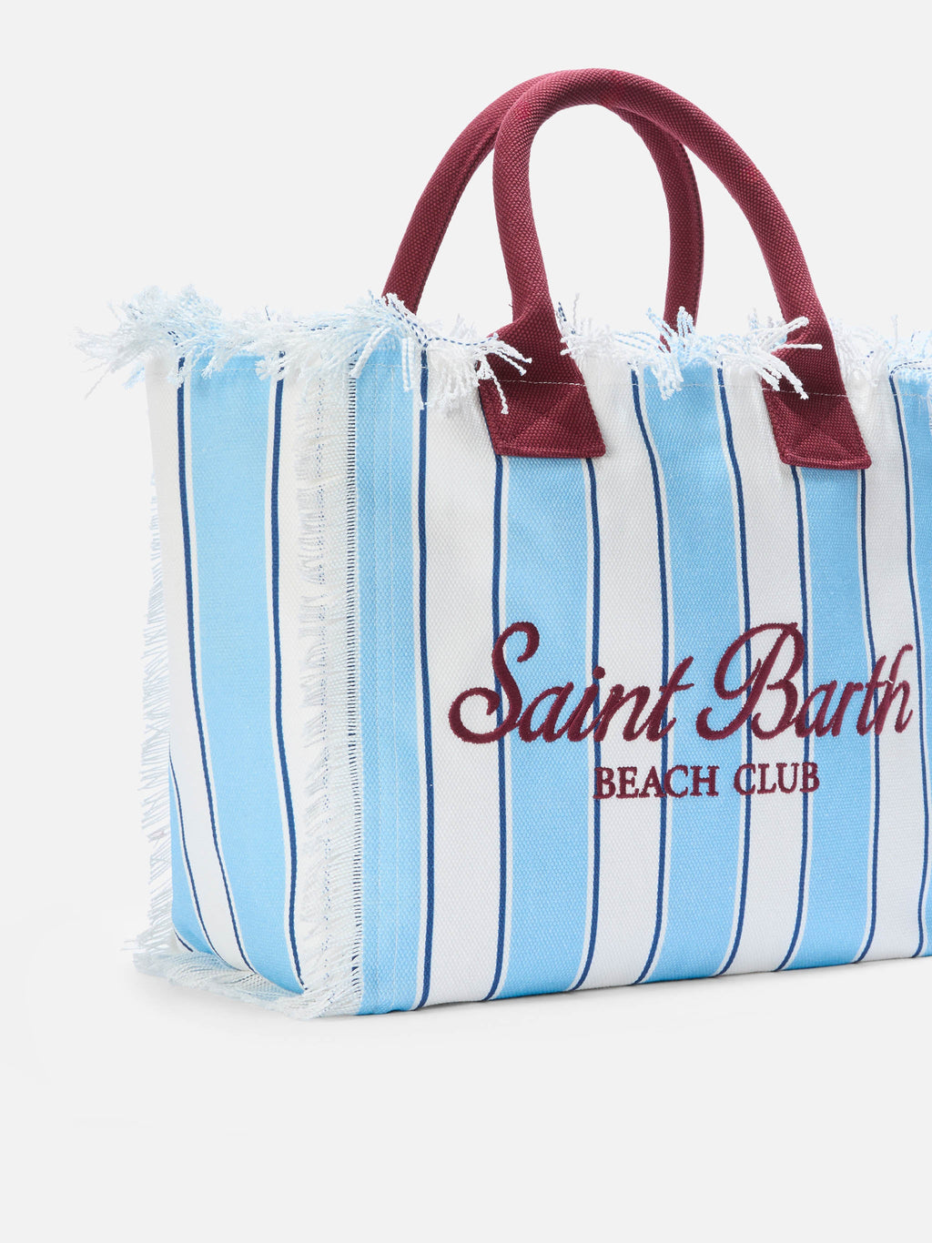 Borsa Vanity regular in canvas a righe azzurre con dettagli bordeaux