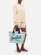 Borsa a spalla Vanity in canvas di cotone con stampa a righe verde acqua