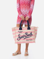 Borsa a spalla Vanity in canvas di cotone con stampa a righe rosa