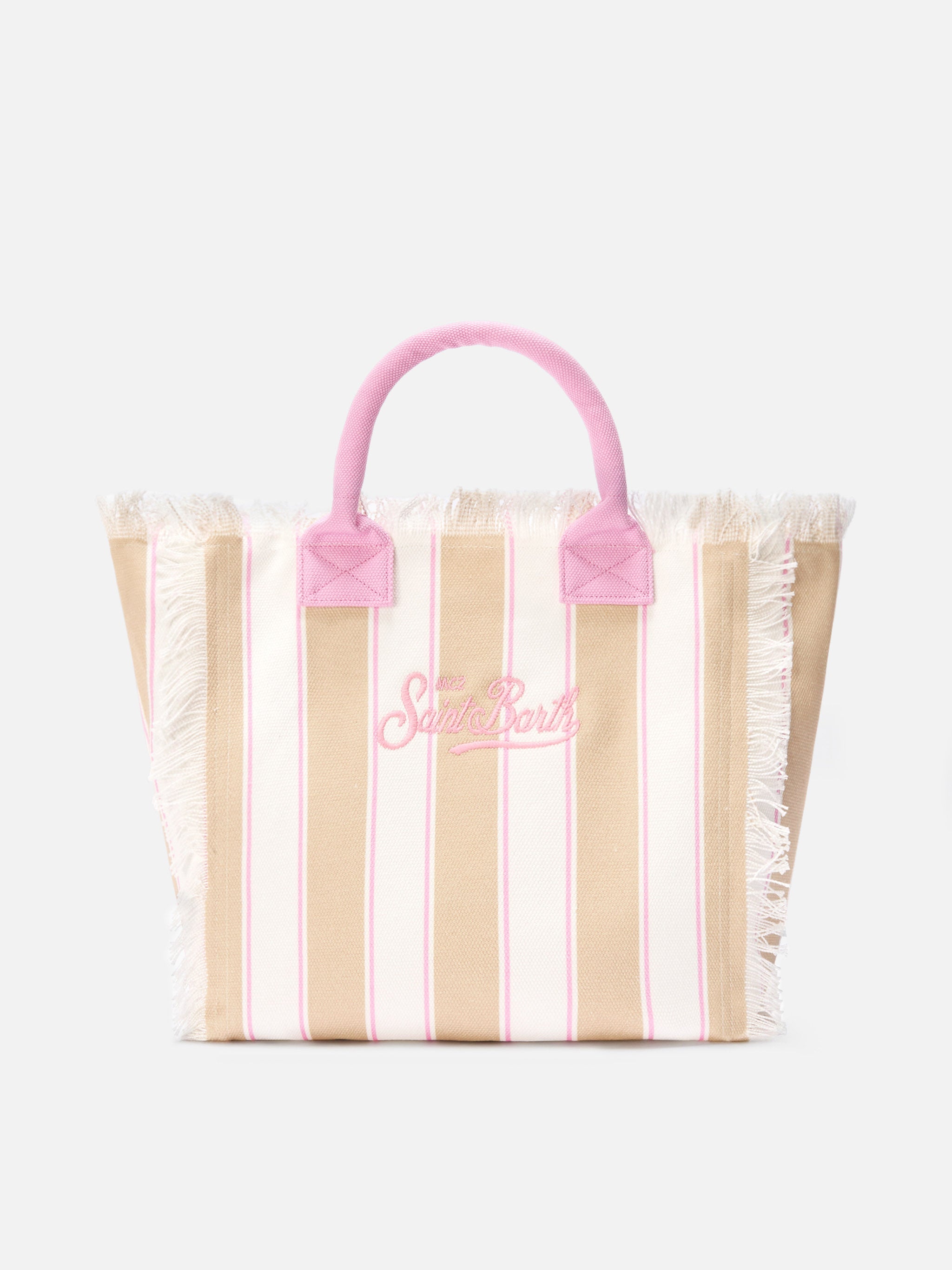Borsa Vanity regular in canvas a righe verticali beige