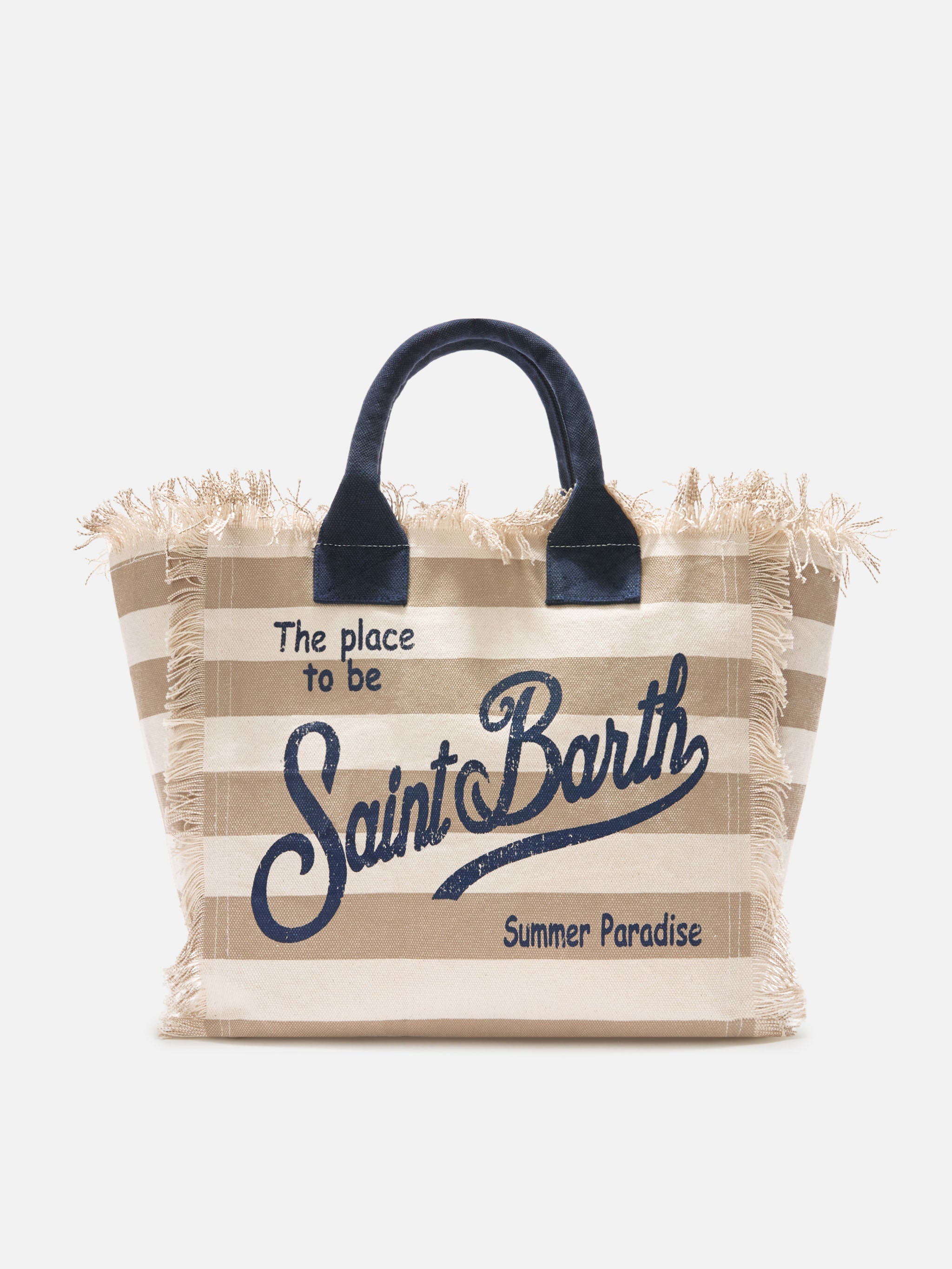 Borsa Vanity regular in canvas a righe orizzontali beige