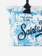 Borsa a spalla Vanity in canvas di cotone bluette con stampa toile de jouy