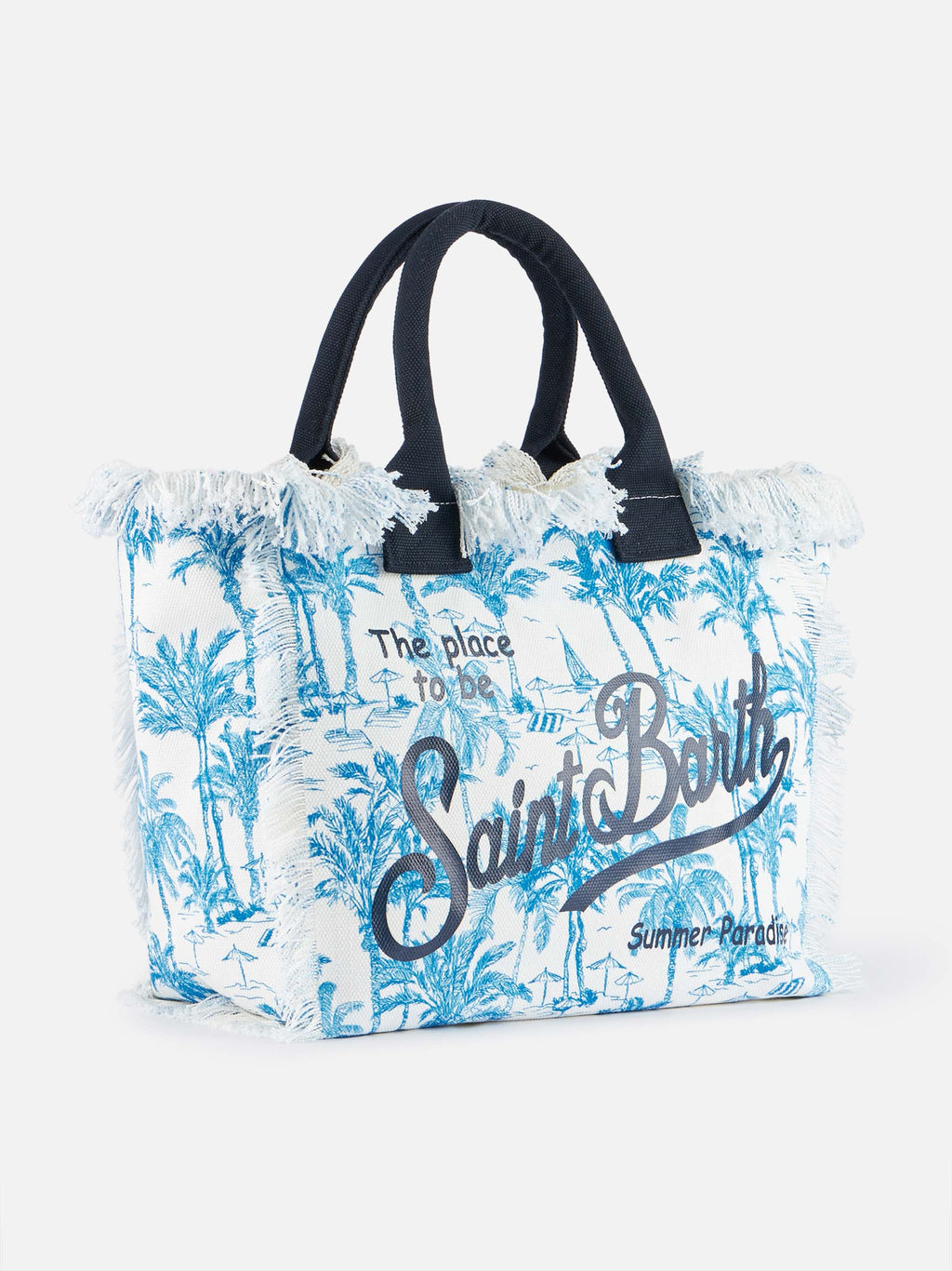Borsa a spalla Vanity in canvas di cotone bluette con stampa toile de jouy