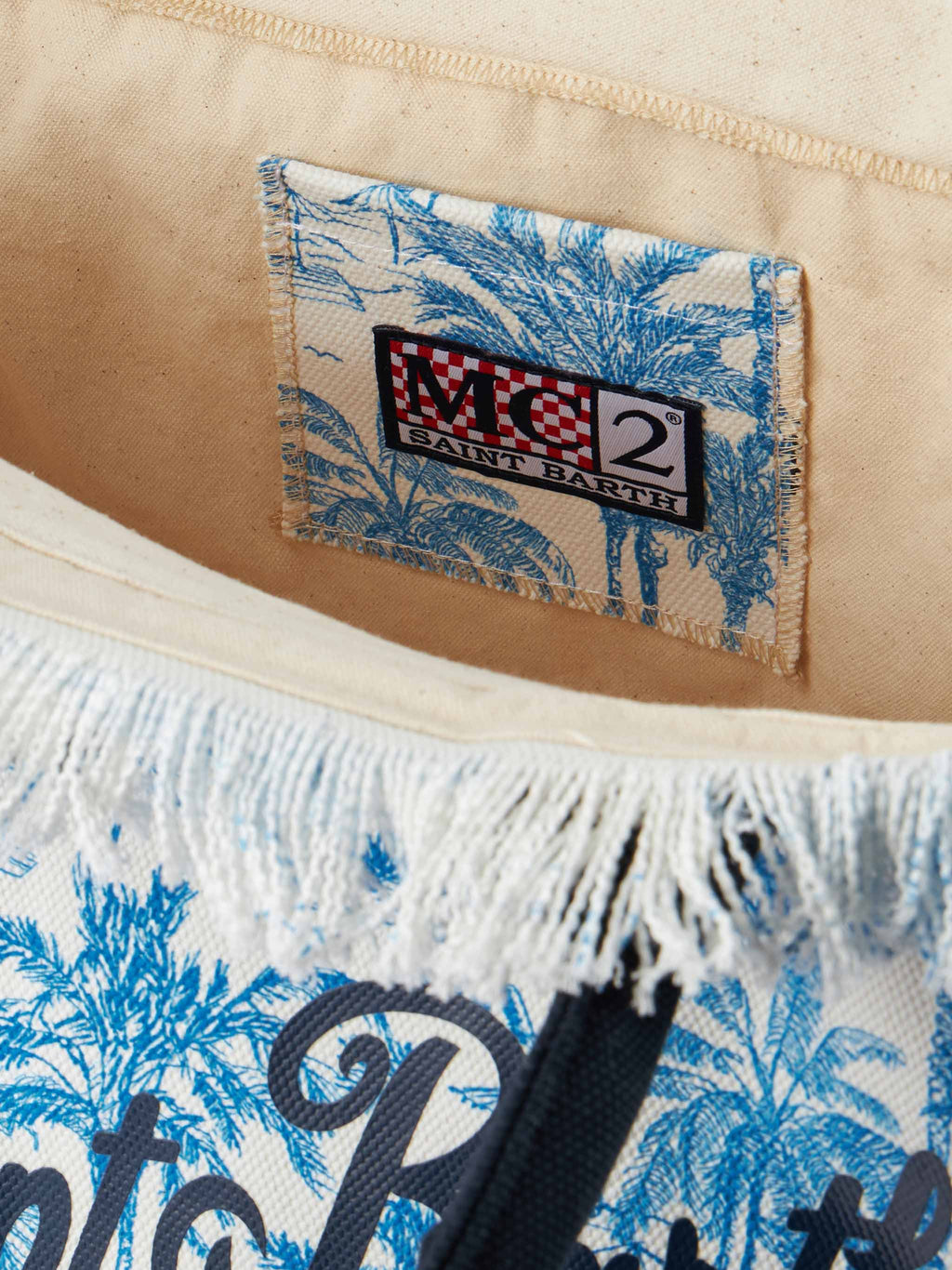Borsa a spalla Vanity in canvas di cotone bluette con stampa toile de jouy