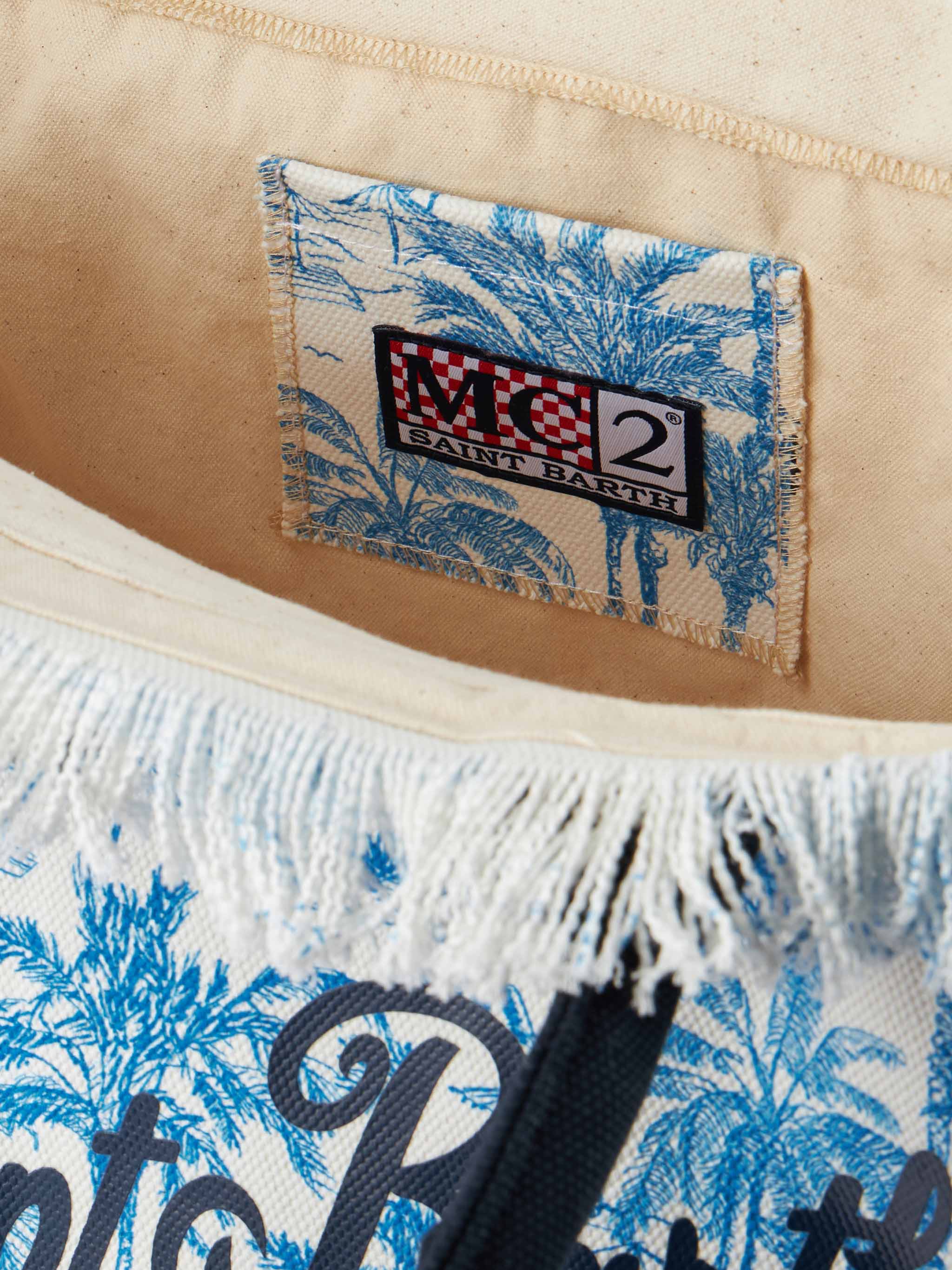 Borsa a spalla Vanity in canvas di cotone bluette con stampa toile de jouy
