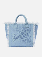 Borsa Vanity regular in canvas blu leopardato con strass