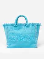 Borsa tote Vanity in tela di cotone azzurro con toppa con logo