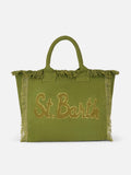 Military green cotton canvas Vanity tote bag with logo patch
