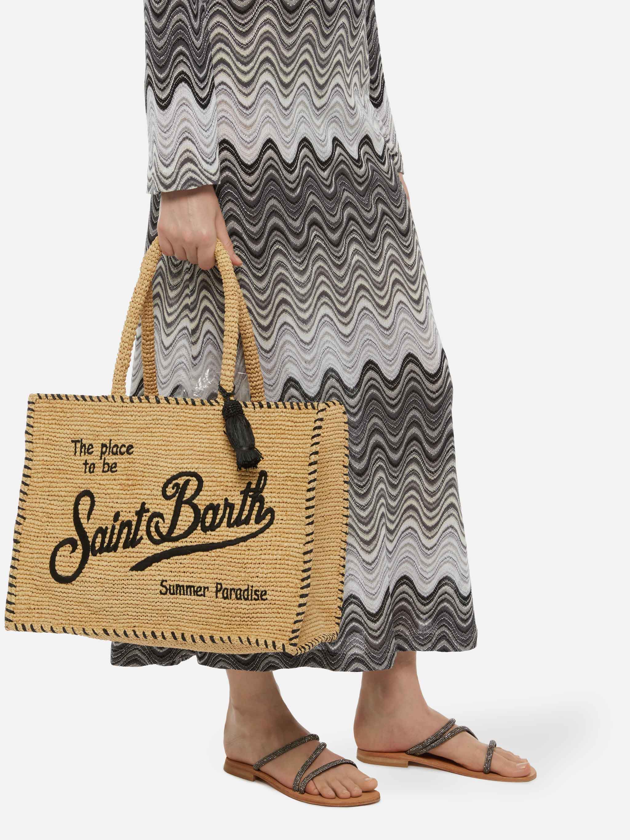 Borsa a spalla Vanity Rafia beige con bordo nero