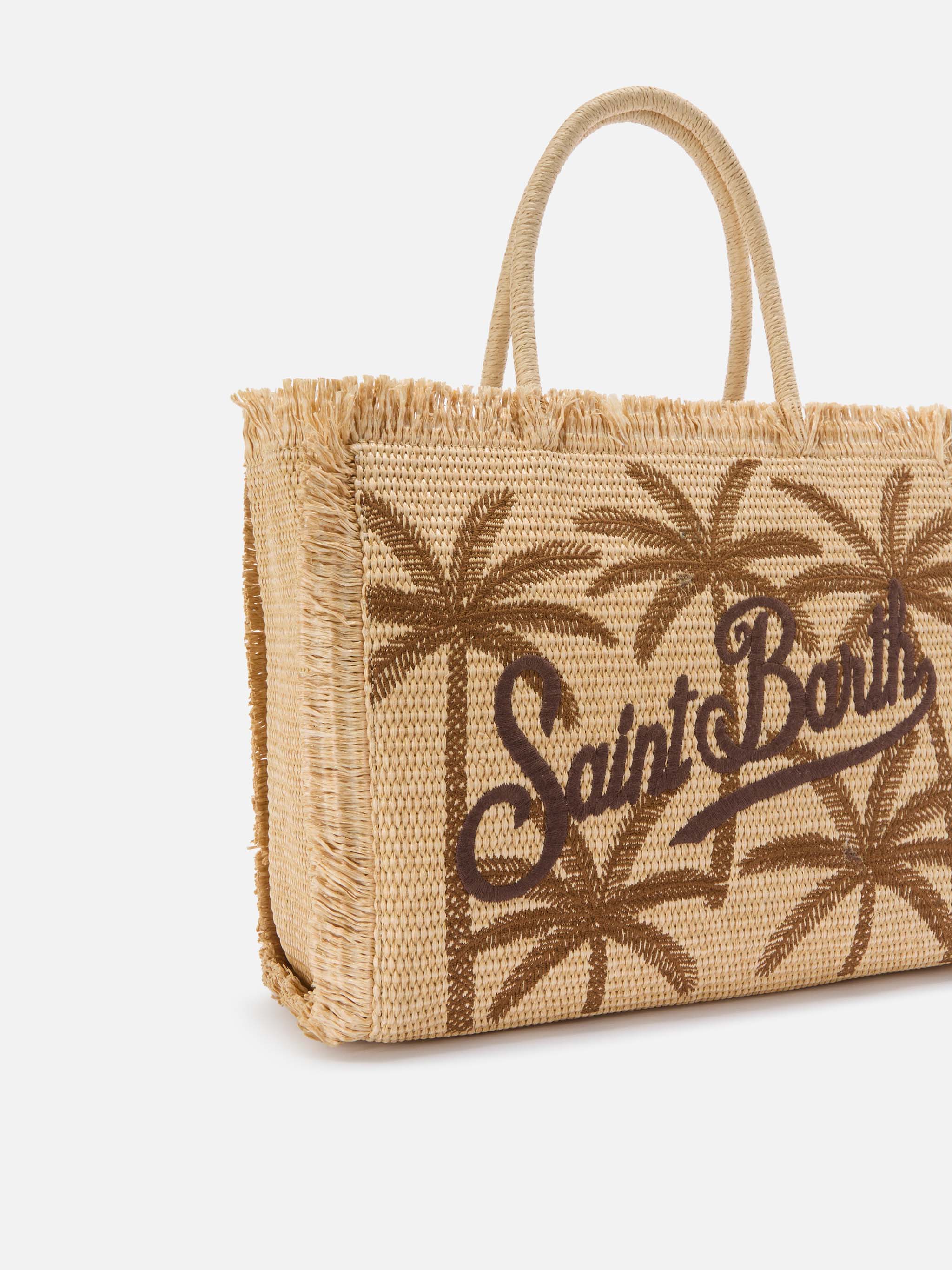 Borsa Vanity regular effetto paglia con ricamo palme