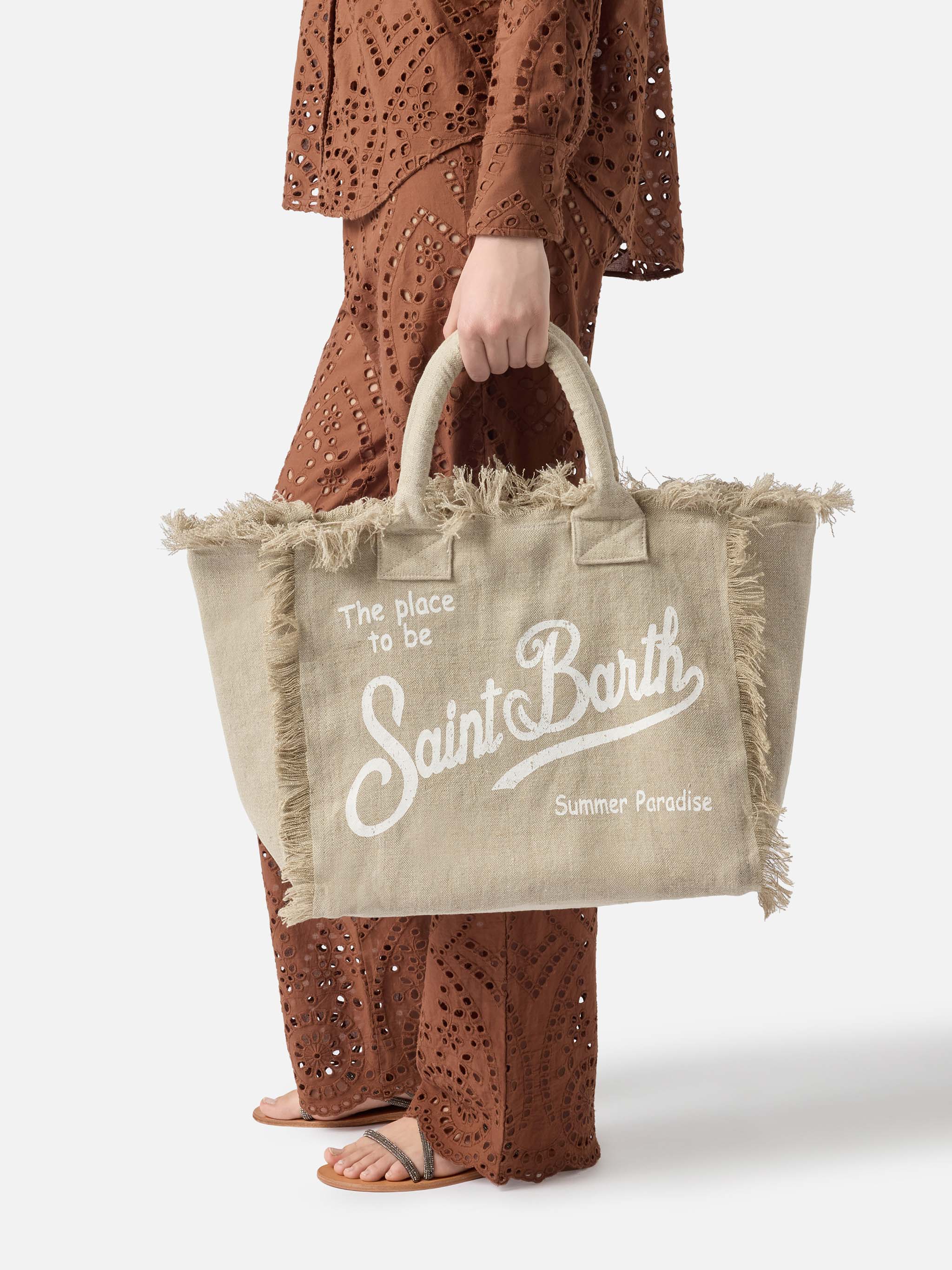 Borsa Vanity regular in lino beige tinta unita