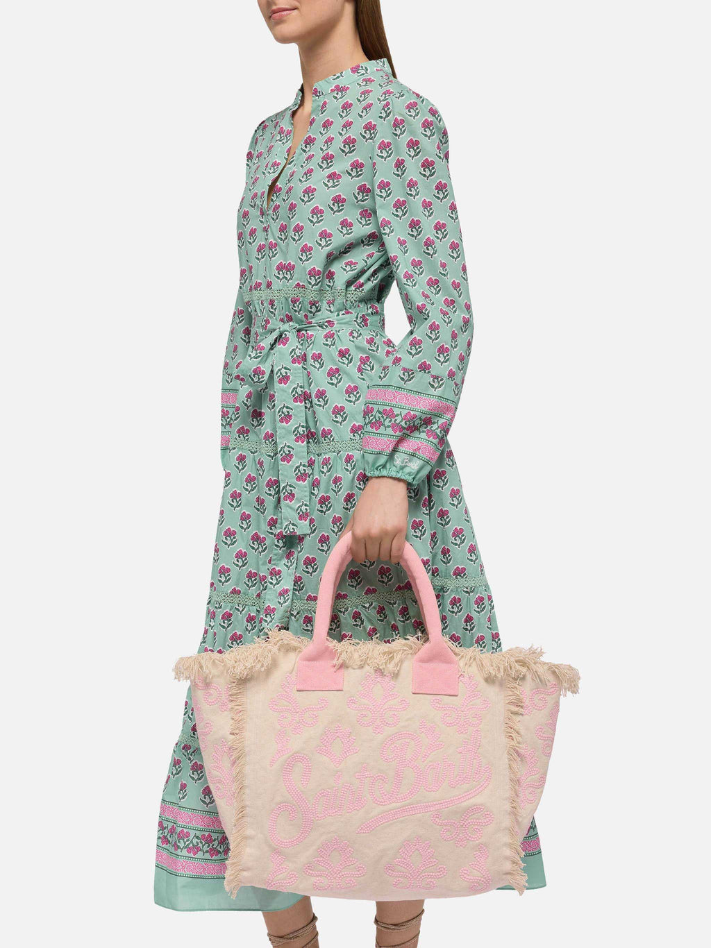 Borsa a spalla Vanity Rug  in cotone rosa e bianco