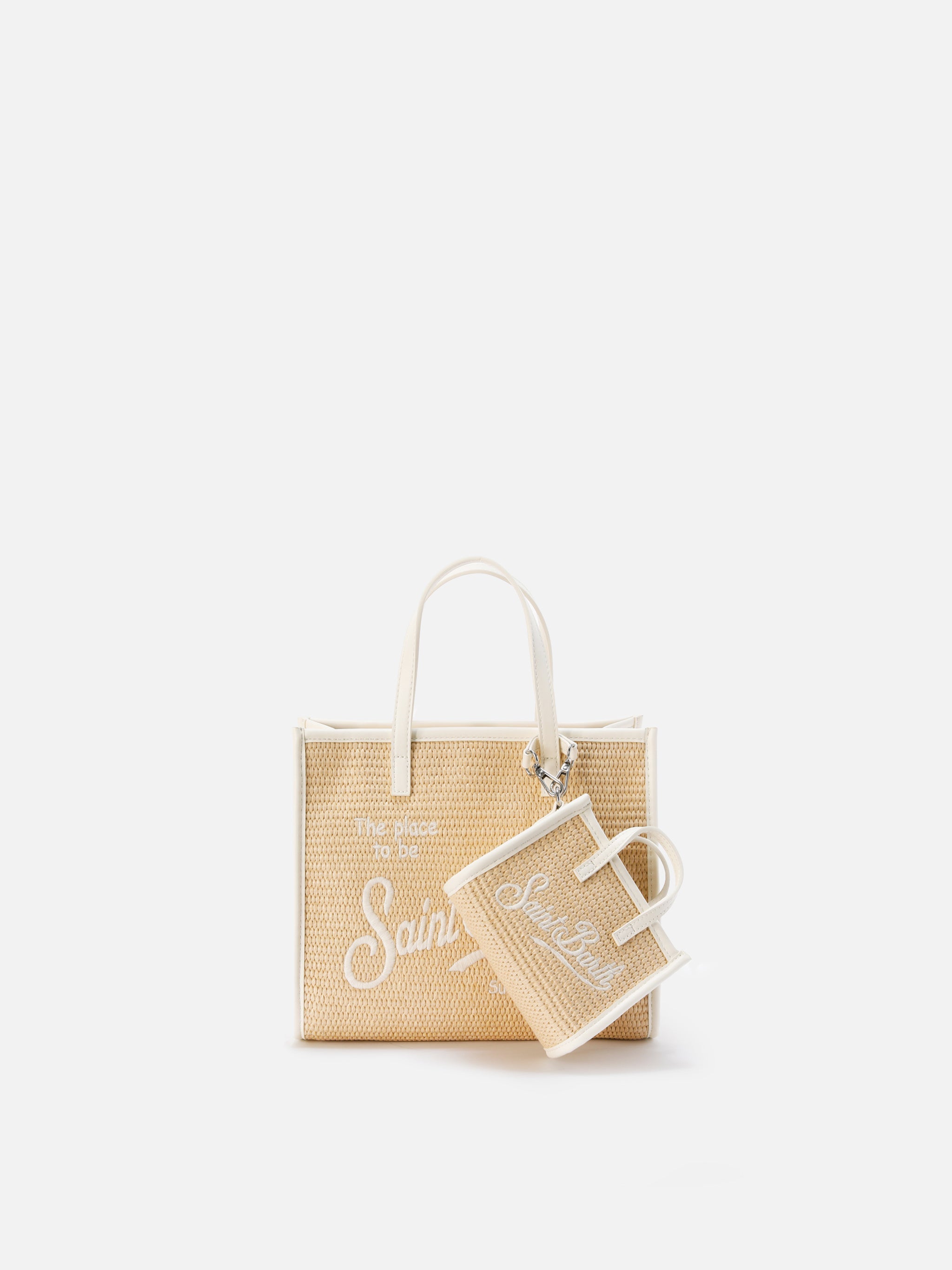 Borsa Vivian micro effetto paglia con logo bianco ricamato