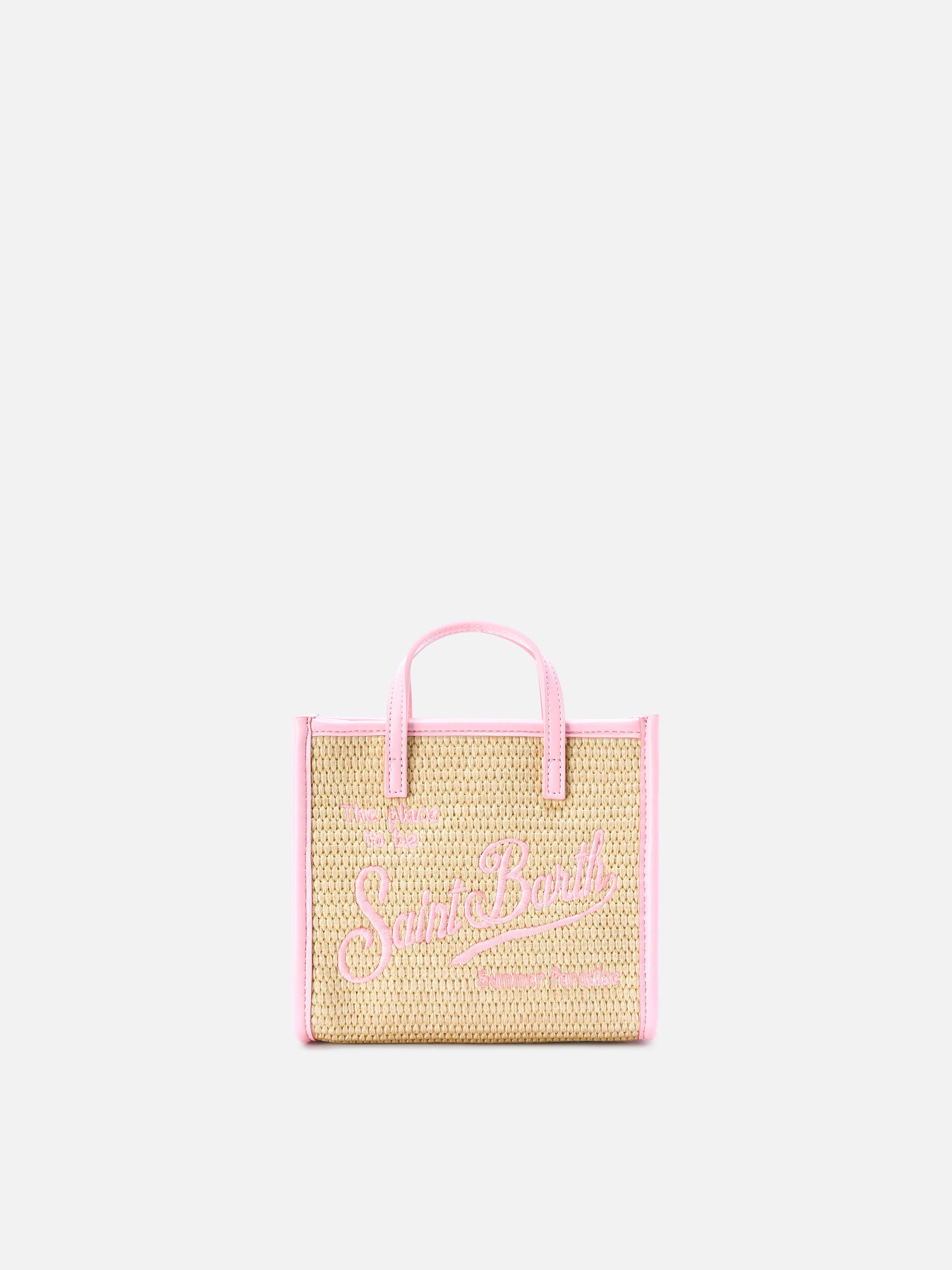 Borsa Vivian mini in tessuto effetto paglia con logo rosa ricamato