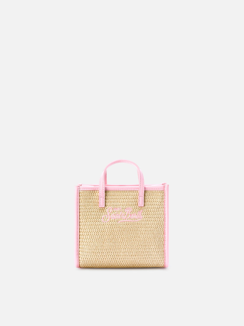 Borsa Vivian mini in tessuto effetto paglia con logo rosa ricamato