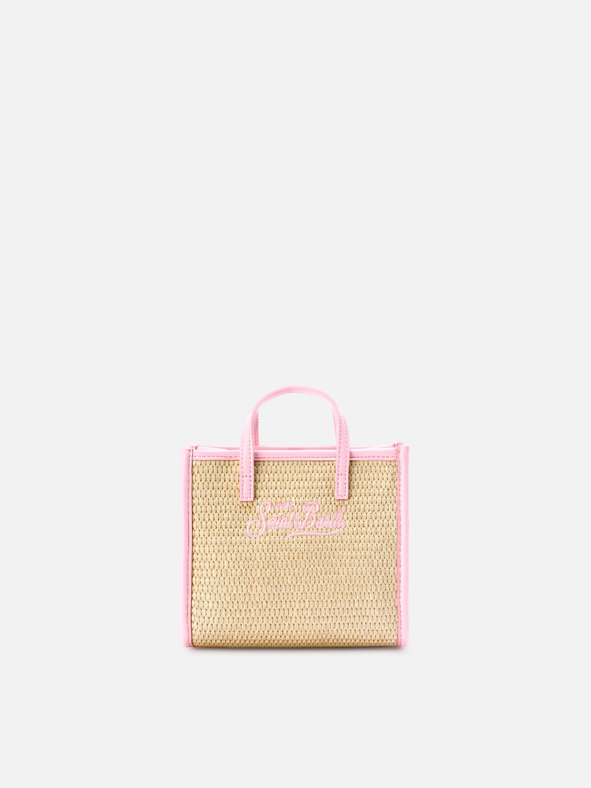 Borsa Vivian mini in tessuto effetto paglia con logo rosa ricamato