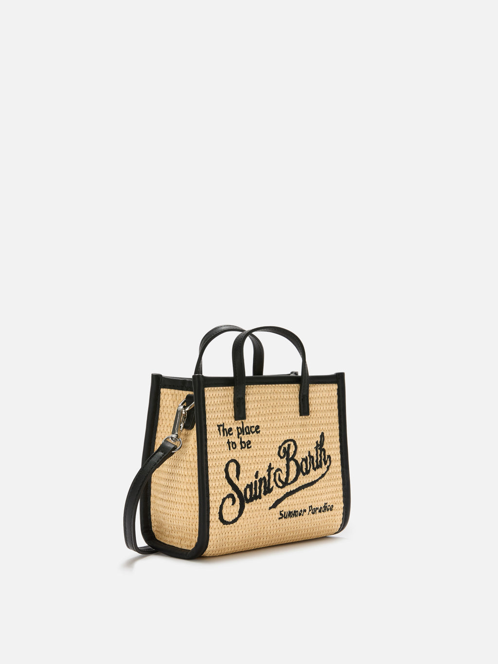 Borsa Vivian mini in tessuto effetto paglia con logo nero ricamato