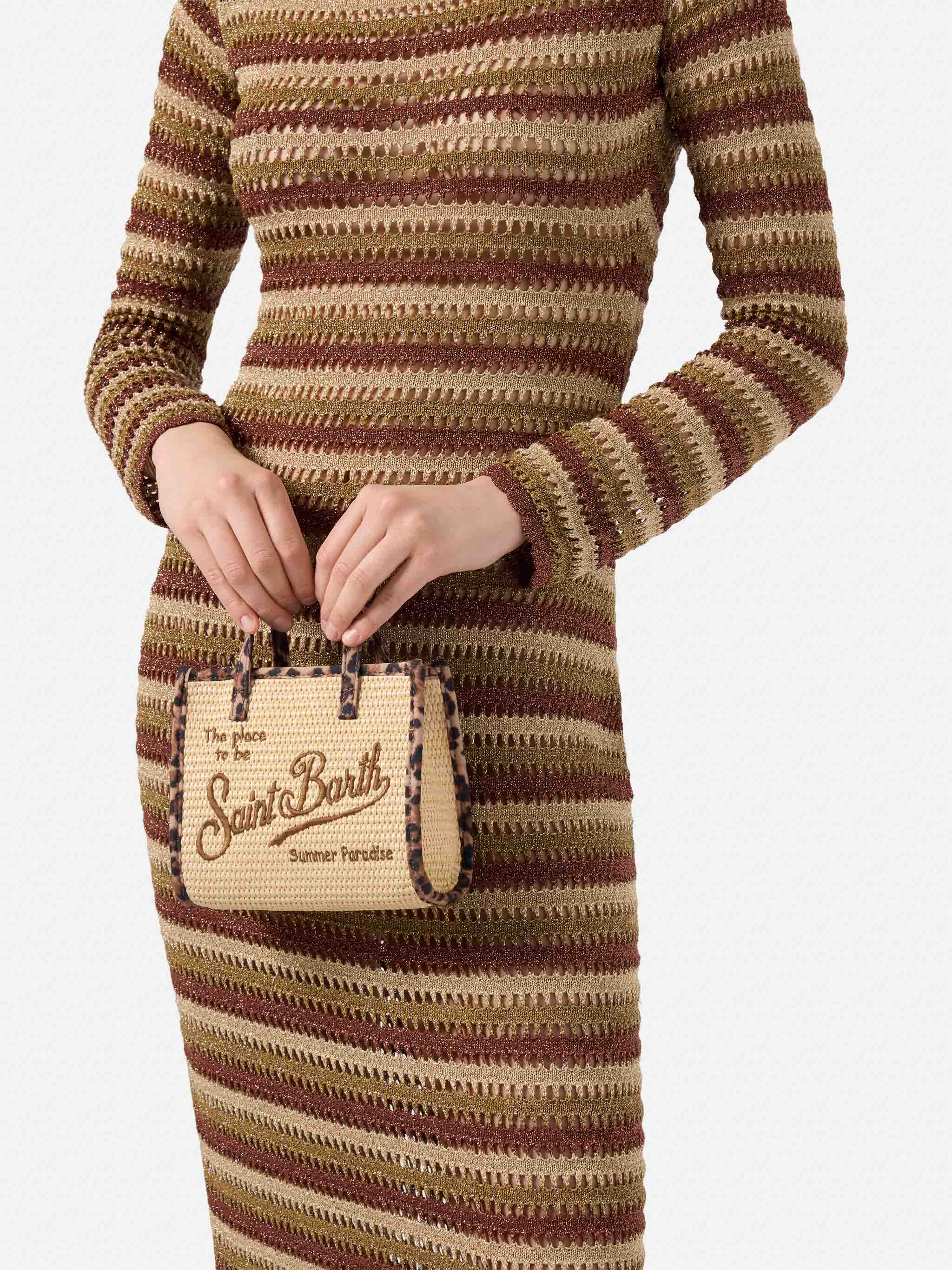 Borsa Vivian mini in tessuto effetto paglia con profili leopardati