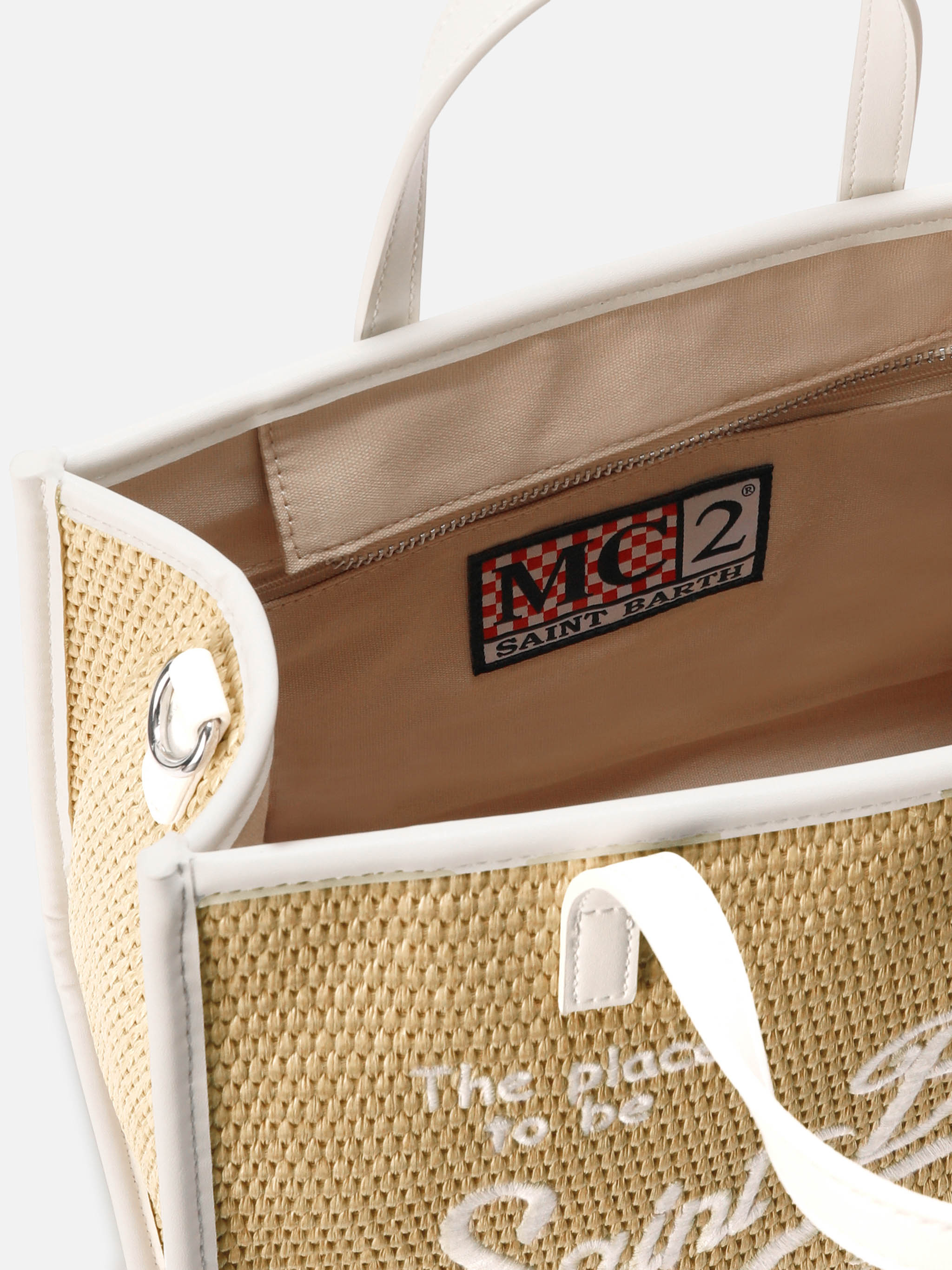 Borsa Vivian medium effetto paglia con logo bianco ricamato