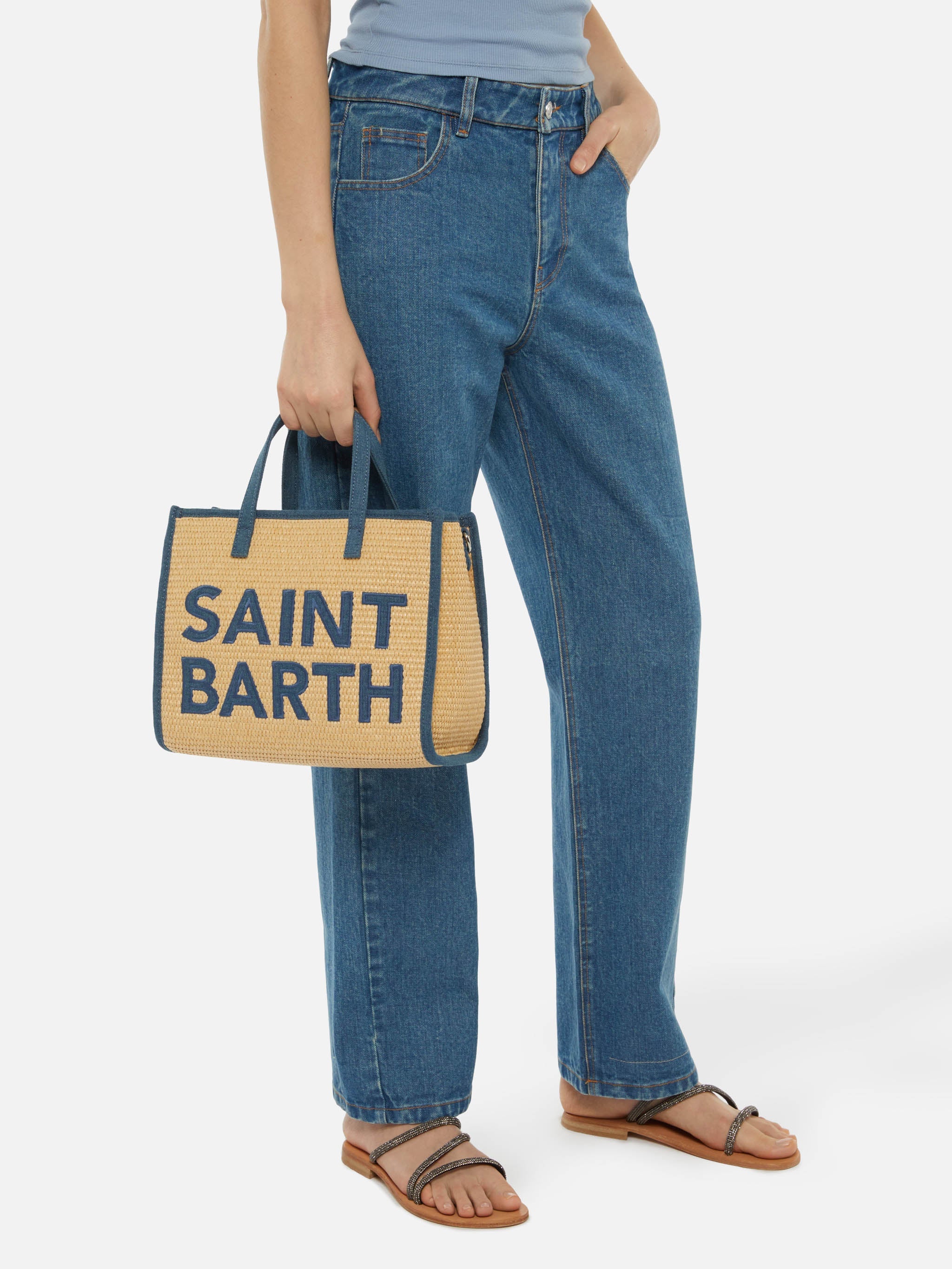 Borsa Vivian Mid Straw beige effetto paglia con patch denim
