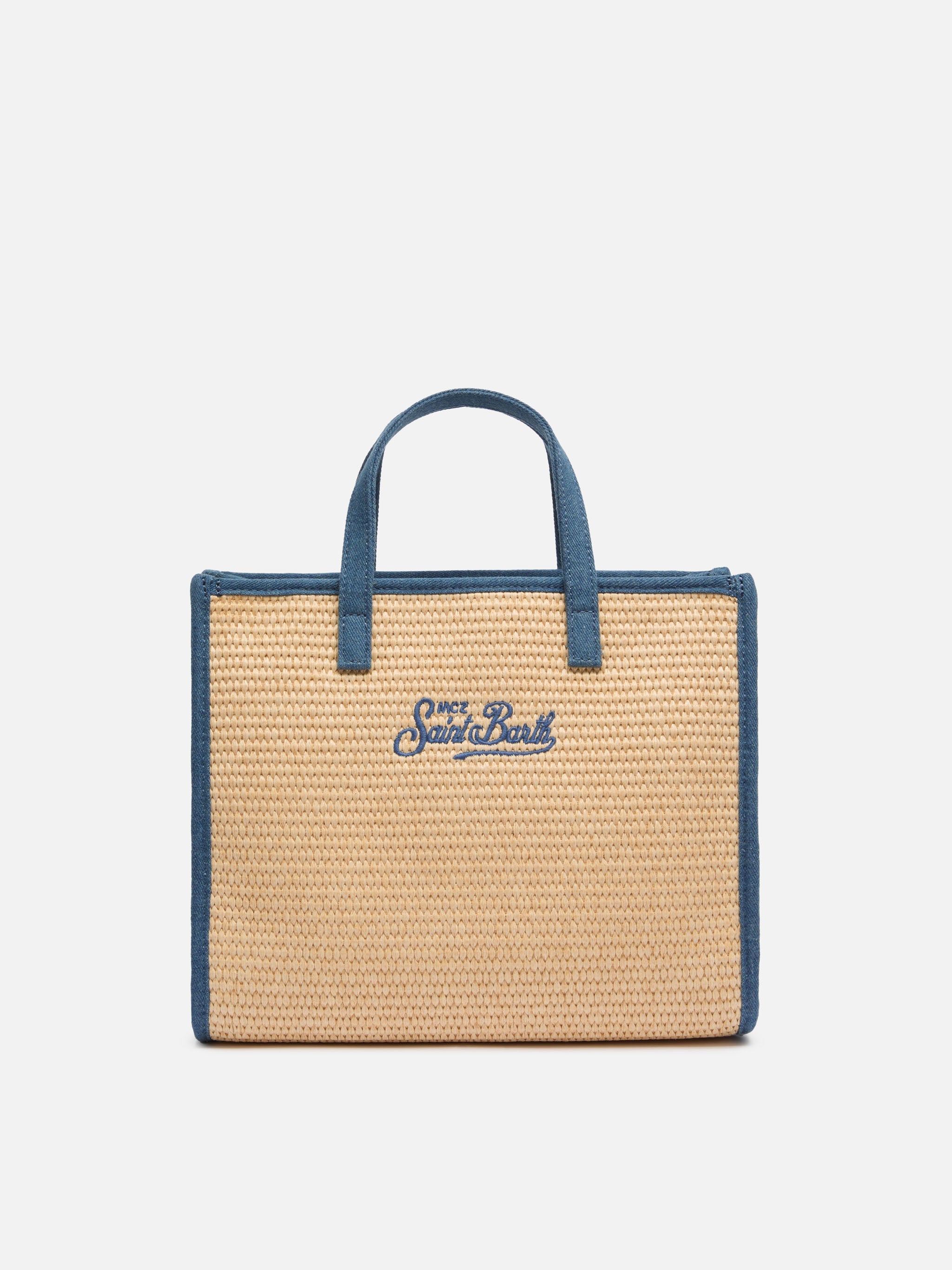 Borsa Vivian Mid Straw beige effetto paglia con patch denim
