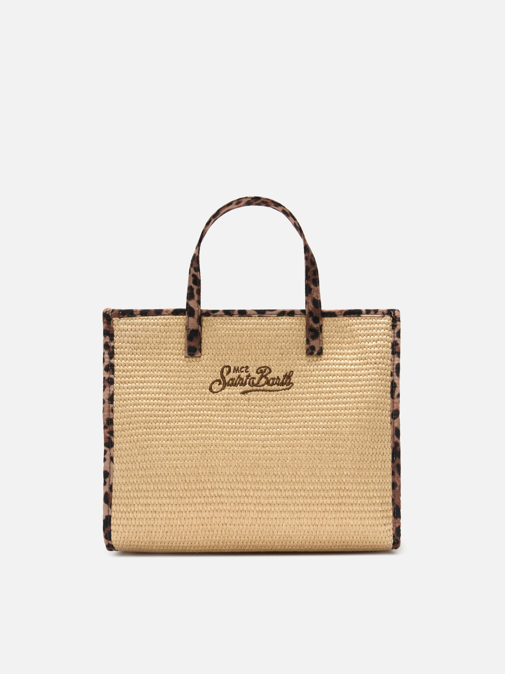 Borsa Vivian medium effetto raffia con patch logo leopardate