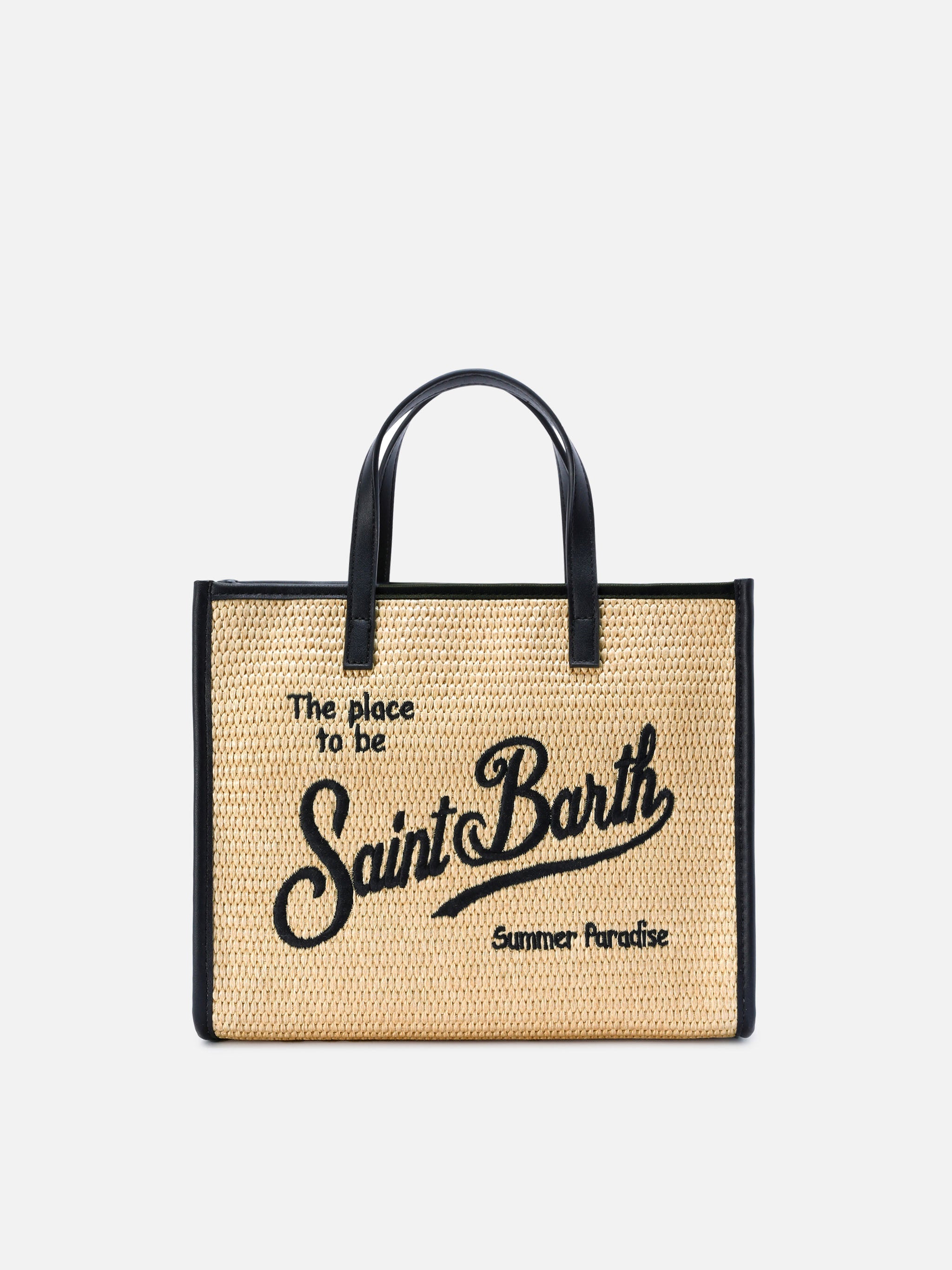 Borsa Vivian medium effetto raffia con logo nero ricamato