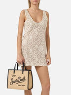 Borsa Vivian medium effetto raffia con logo nero ricamato