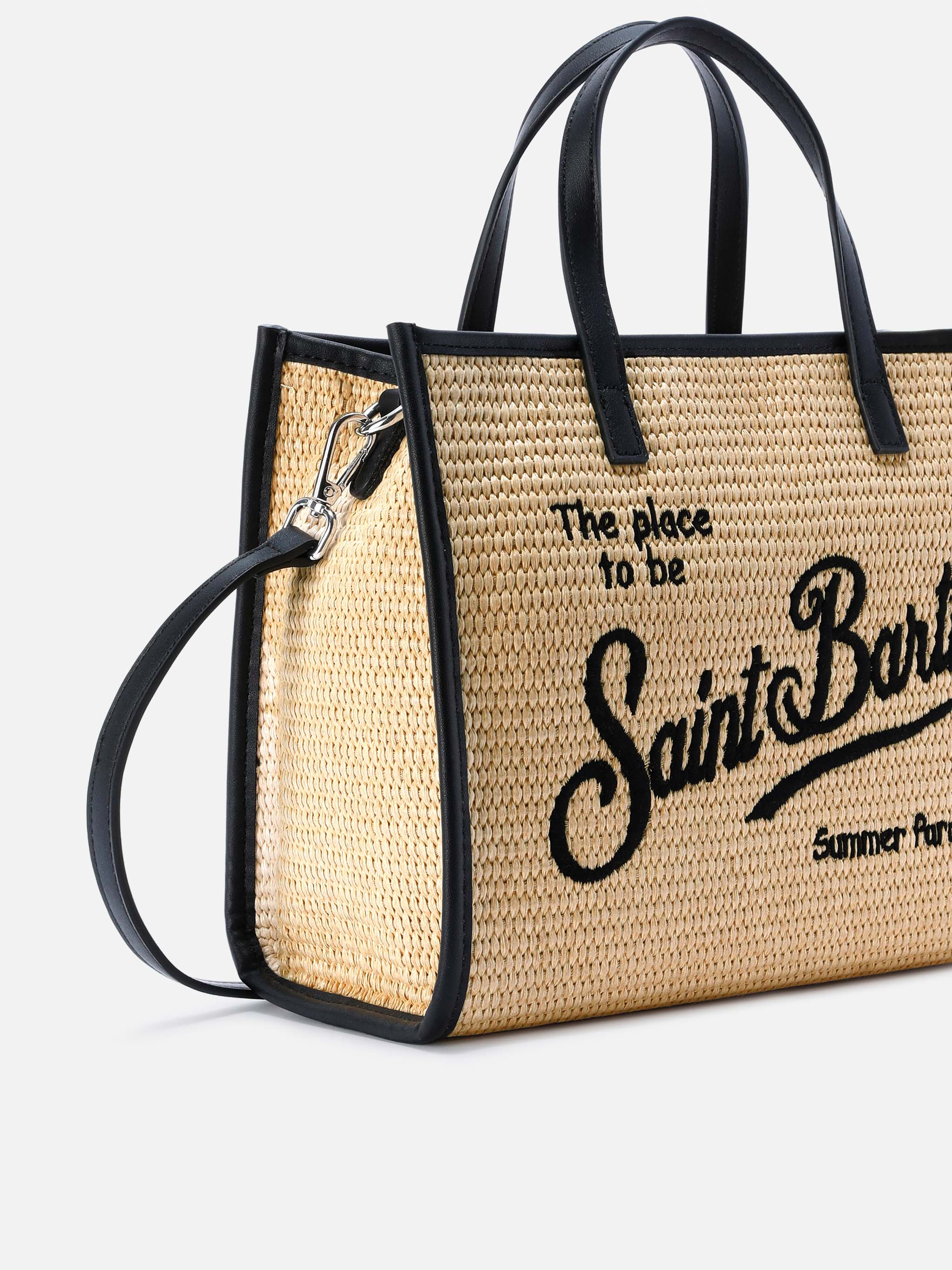 Borsa Vivian medium effetto raffia con logo nero ricamato