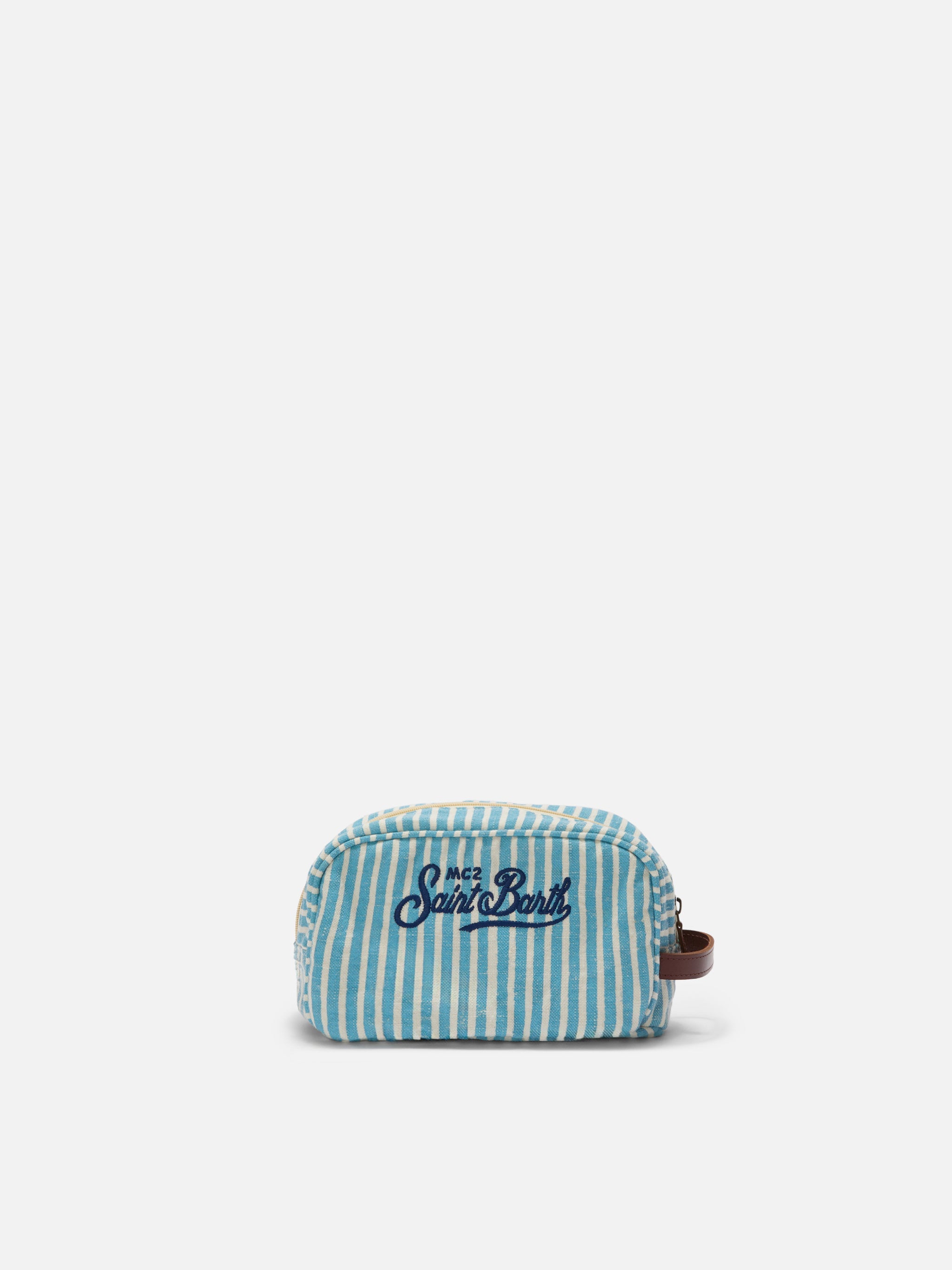 Beauty Bag Westwood in lino con fantasia a righe azzurro e bianco