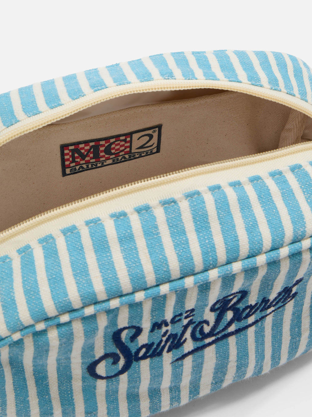 Beauty Bag Westwood in lino con fantasia a righe azzurro e bianco