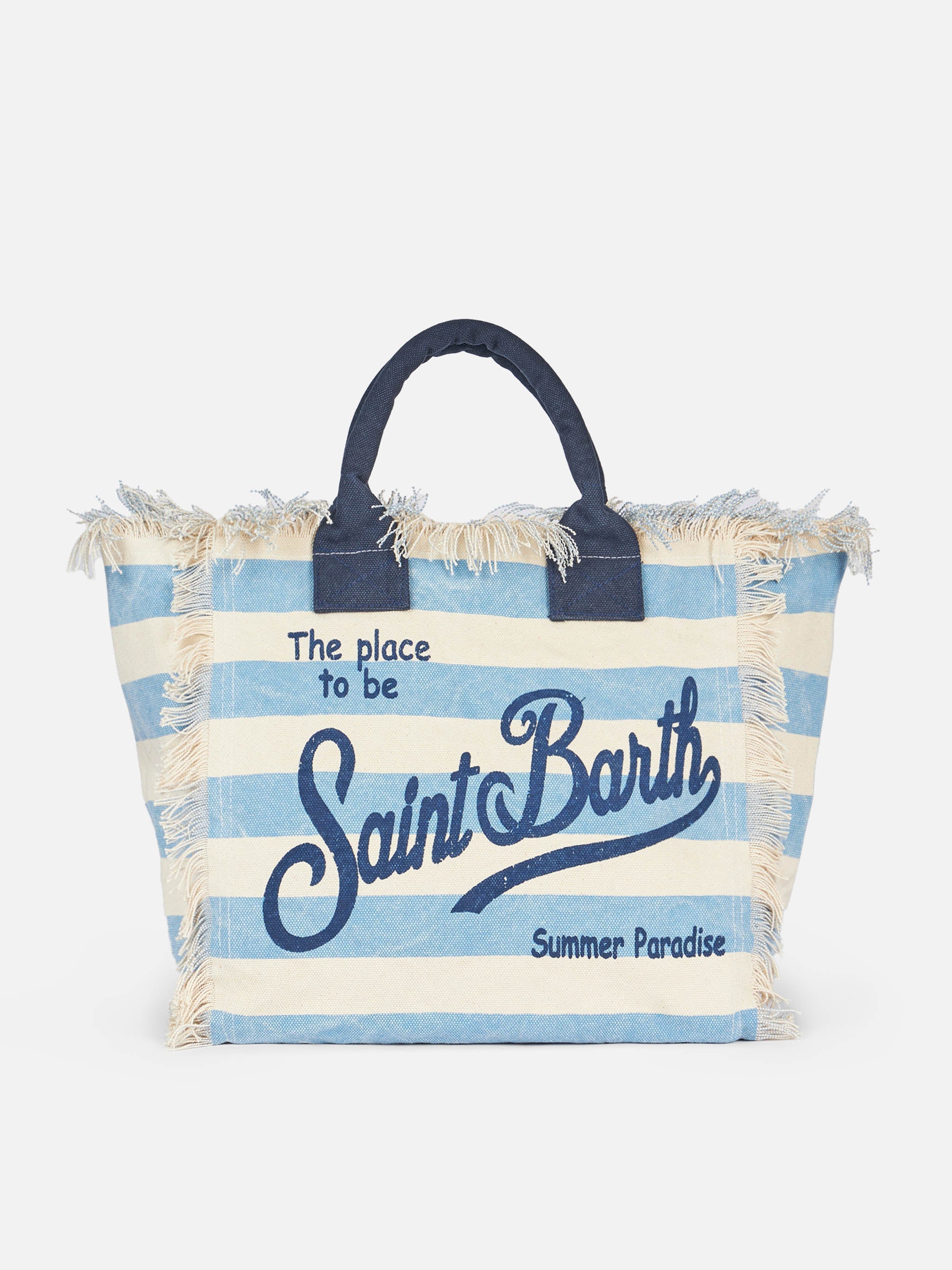 Borsa a spalla Vanity in canvas di cotone con stampa a righe azzurre