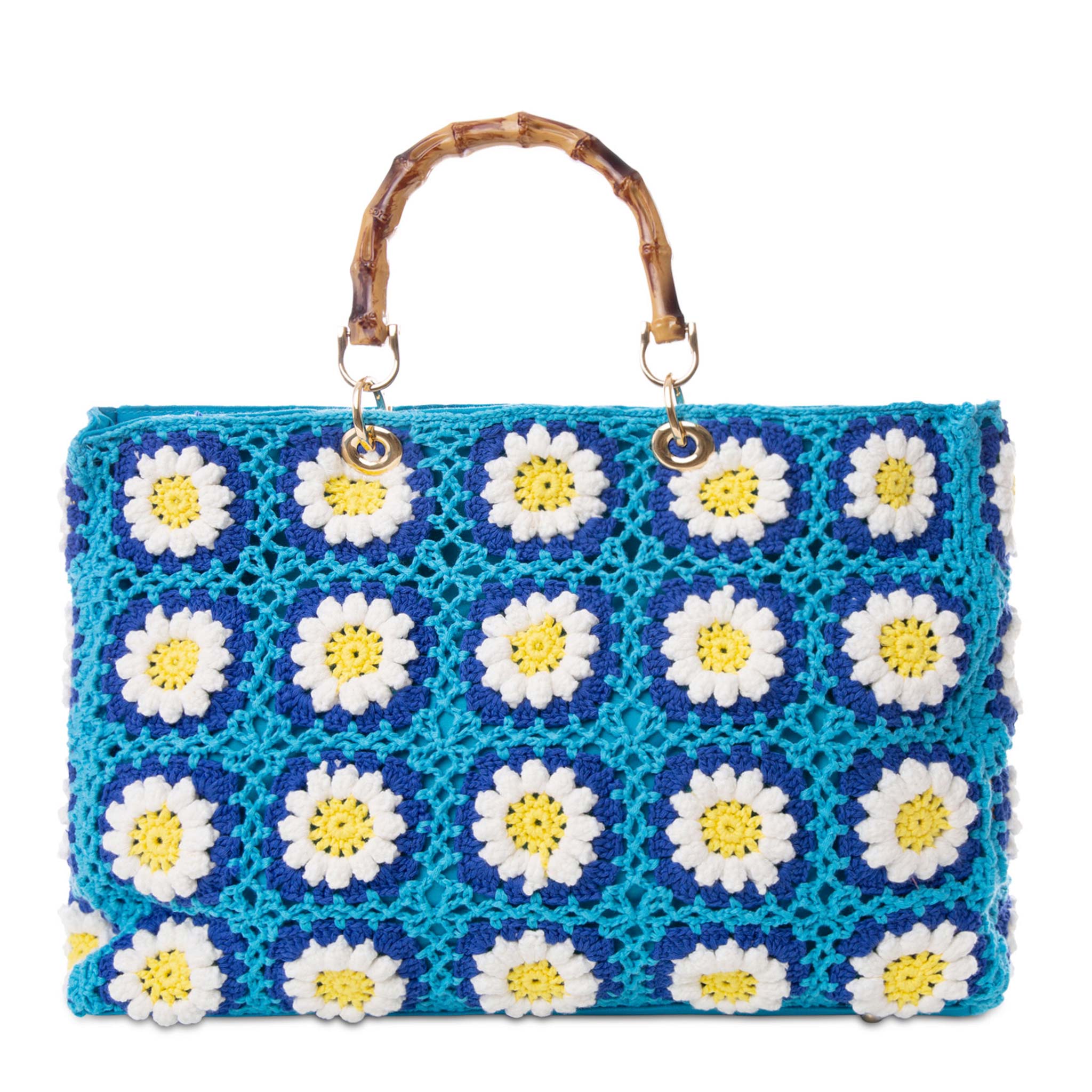 Borsa Victoria Crochet in crochet con fiori azzurri