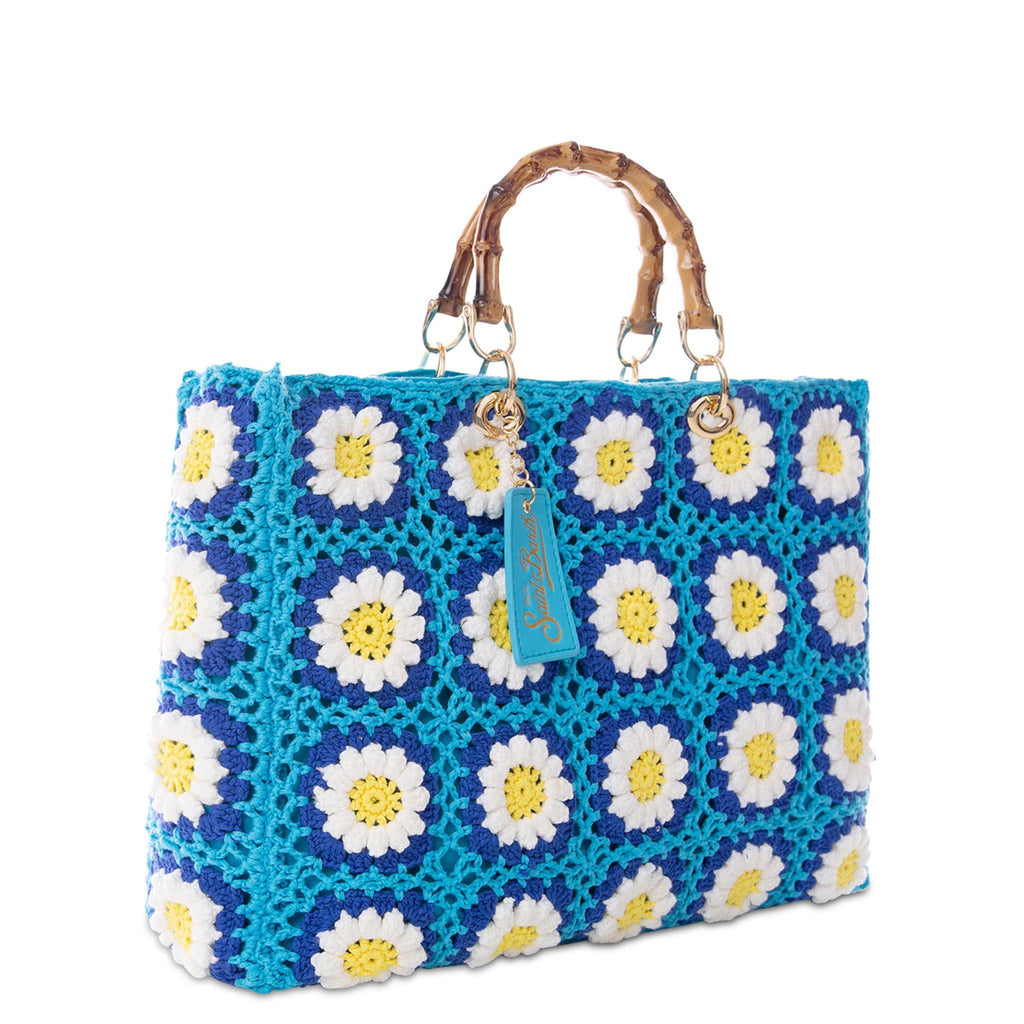 Borsa Victoria Crochet in crochet con fiori azzurri
