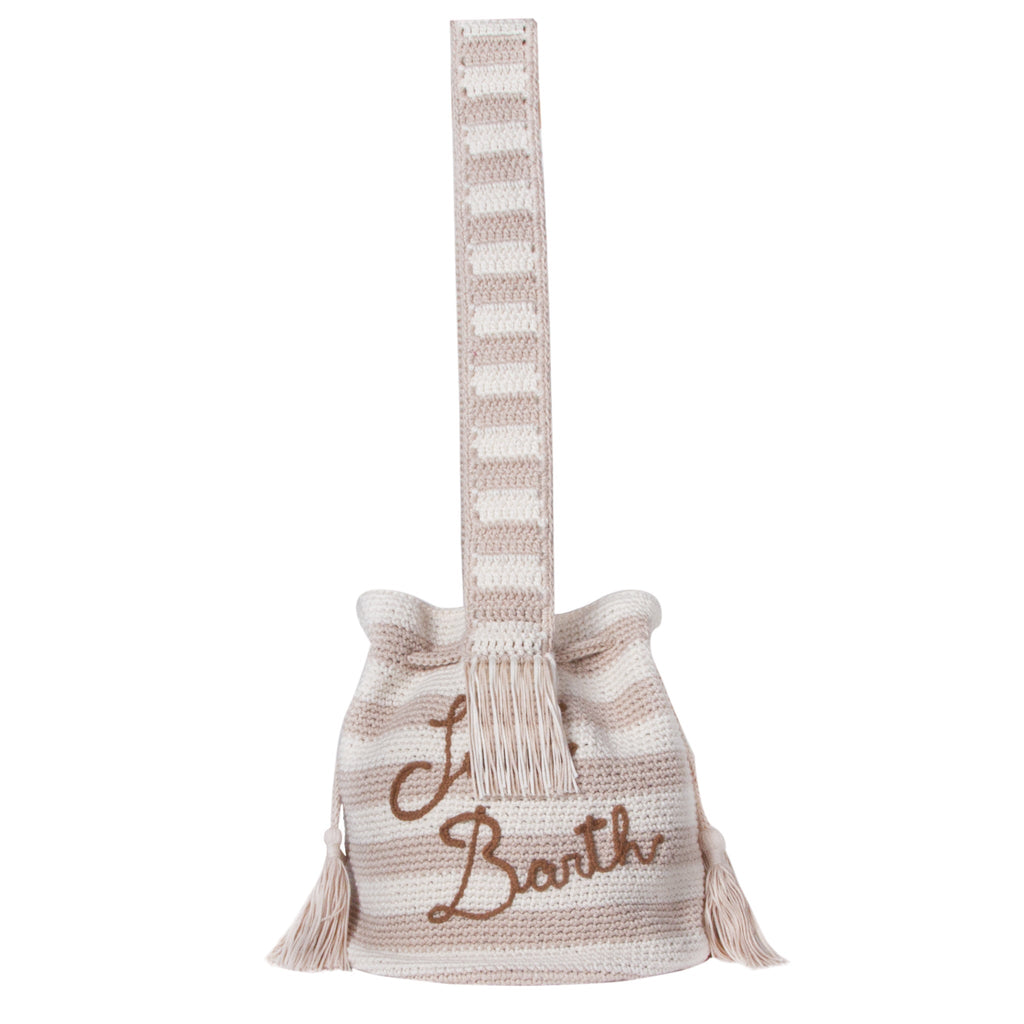 Borsa secchiello Crochet Bucket crochet a righe beige e bianche