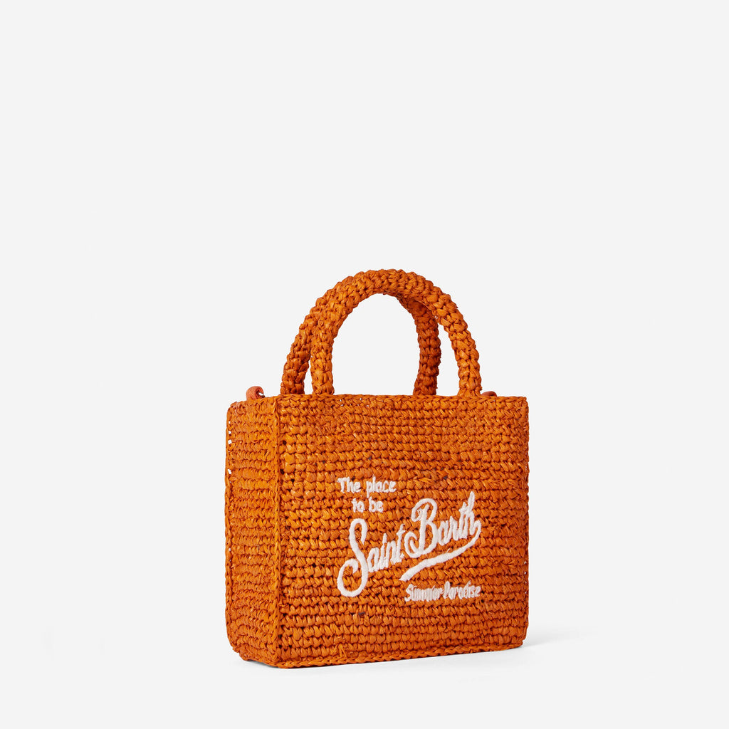 Mini borsa Vanity in rafia arancione con ricamo frontale